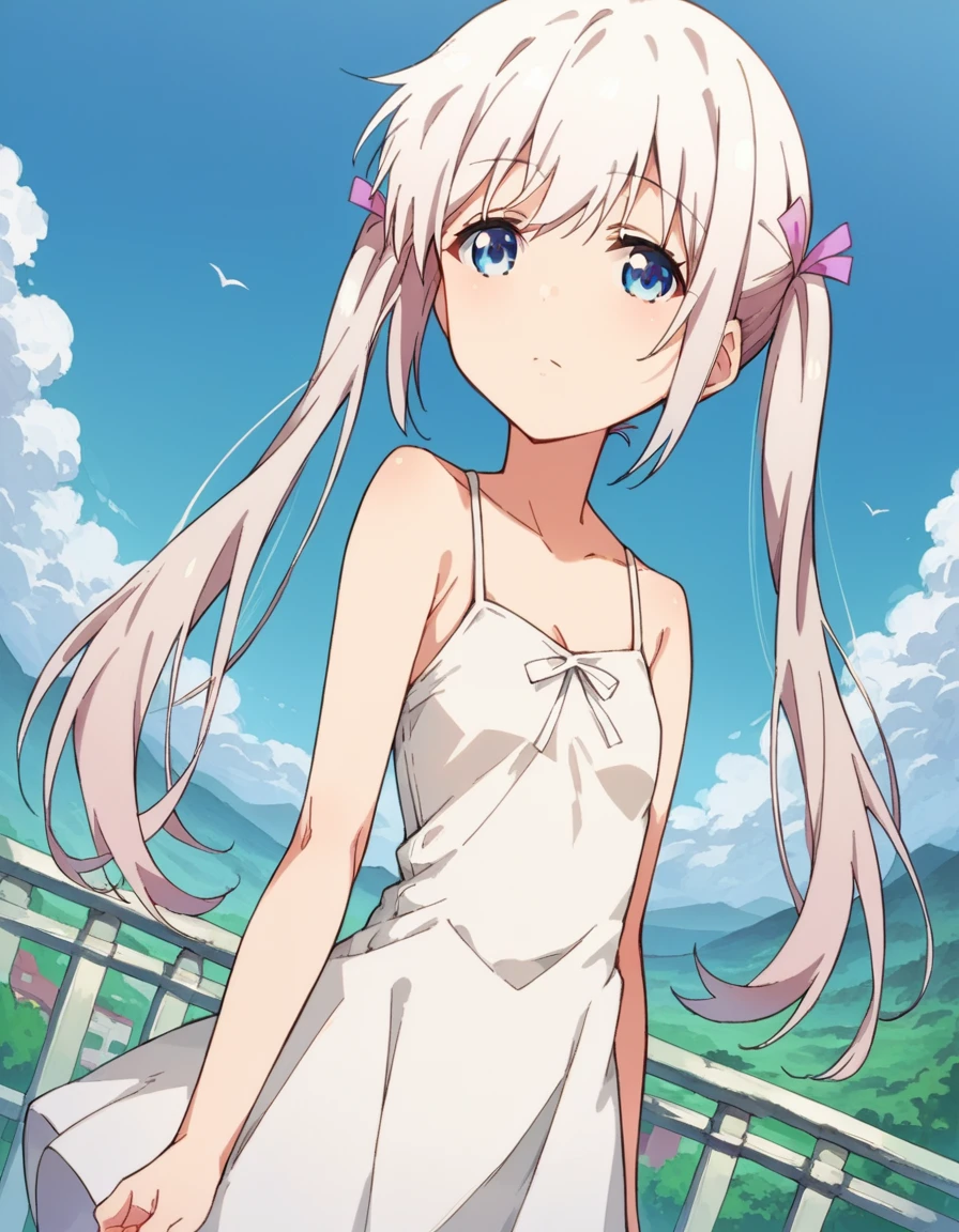 score_9, score_8_up, score_7_up, source_anime,
komakosemenovich, <lora:komako-semenovich-ponyxl-lora-nochekaiser:1>
komako semenovich, blue eyes, ribbon, twintails, hair ribbon, white hair,
dress, white dress,
outdoors, cityscape,
looking at viewer, dutch angle, cowboy shot,