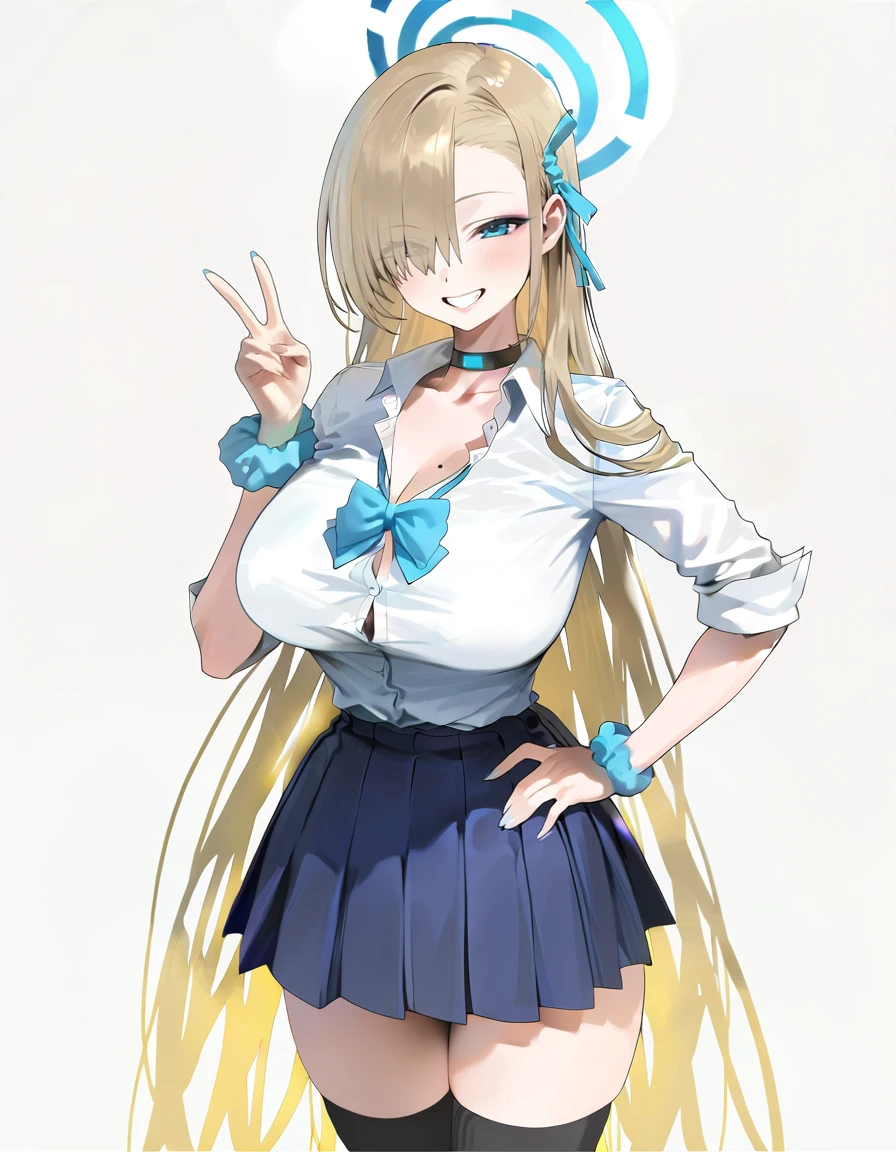 (amazing quality:1.5), clean color,
1girl, solo, cowboy shot, 
simple background, white background, 
asuna \(blue archive\), large breasts, smile, halo, open shirt, looking at viewer, socks, choker, grin, school uniform, thighhighs, white shirt, blush, (skirt, pleated skirt), scrunchie, wrist scrunchie, black socks, light brown hair, sleeves rolled up, shirt tucked in,  hand on own hip, v, hand up, <lora:Hood_Artstyle:1>