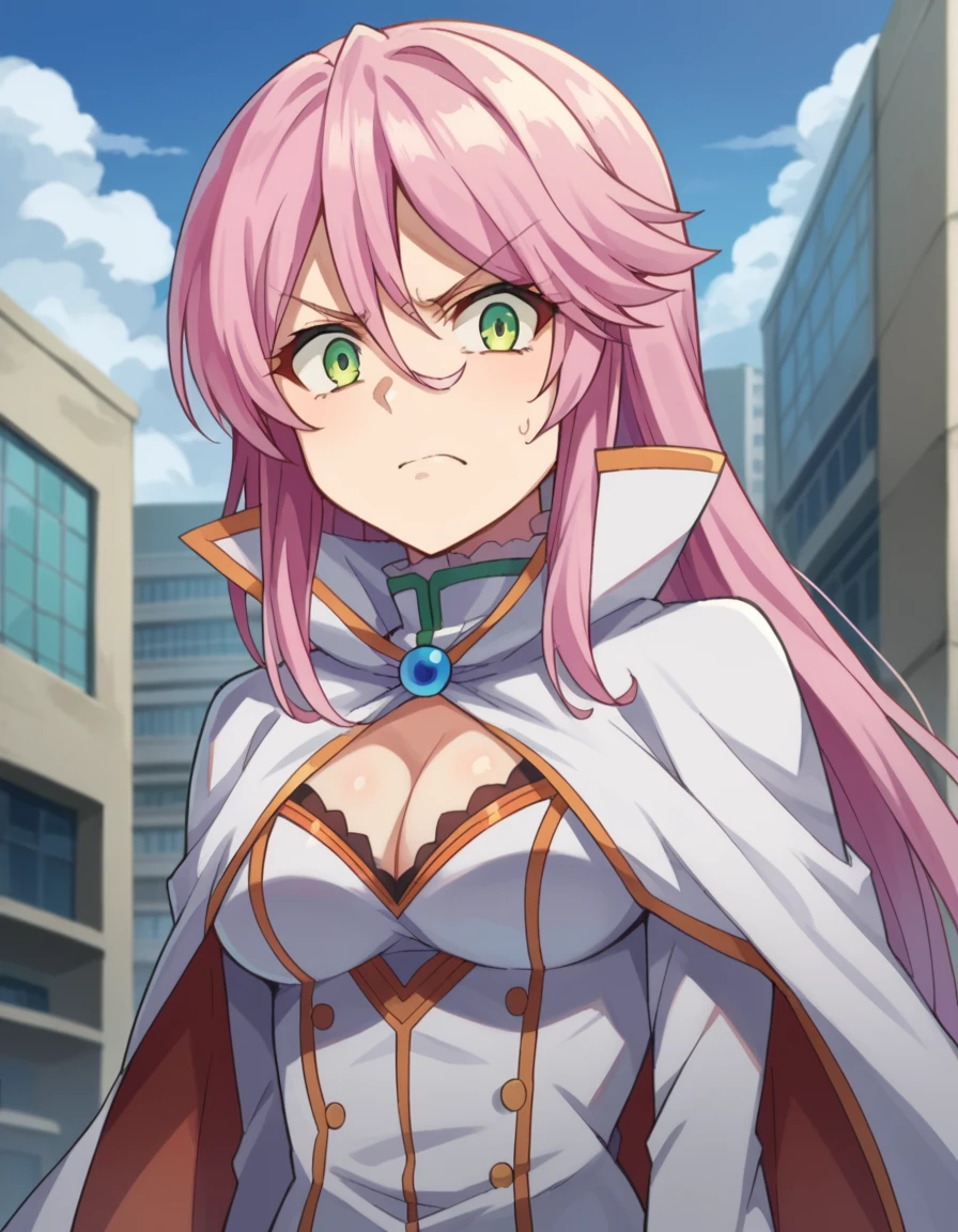 score_9, score_8_up, score_7_up, source_anime,
flarearlgrandejioral, <lora:flare-arlgrande-jioral-ponyxl-lora-nochekaiser:1>
flare arlgrande jioral, long hair, pink hair, hair between eyes,
green eyes, dress, white dress, cleavage, cape, white cape, high collar, skirt,
outdoors, cityscape, angry, anger vein,
looking at viewer, dutch angle, cowboy shot,