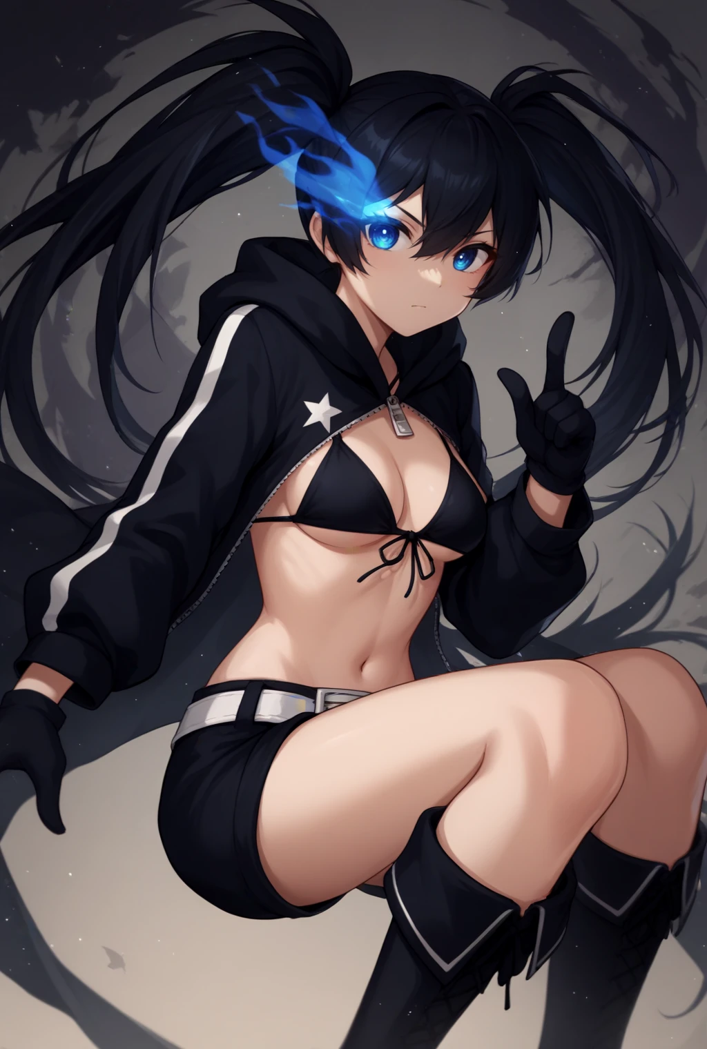 core_9, score_8_up, score_7_up, source_anime BREAK 1girl, solo, looking at viewer, cowboy shot,
<lora:BRSPdxlDwnsty:1>,blue eyes, flaming eye, black hair, twintails, long hair, black jacket, bikini top only, black shorts, white belt, black gloves, knee boots,
medium breasts, pointing at viewer,
abstract background, pattern, spiral, steam, dark clouds, light particles,