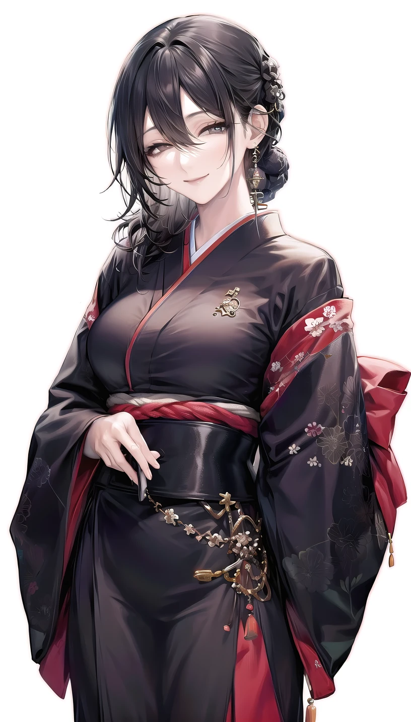 light smile,half-closed eyes,
hair over shoulder-hairstyle,
(japanese clothes:1.28),
lady,mature female, cowboy shot,
(white background, simple background:1.18),
highres,official art,original,masterpiece,best quality,
(large breasts),
 <lora:Deren:0.8>