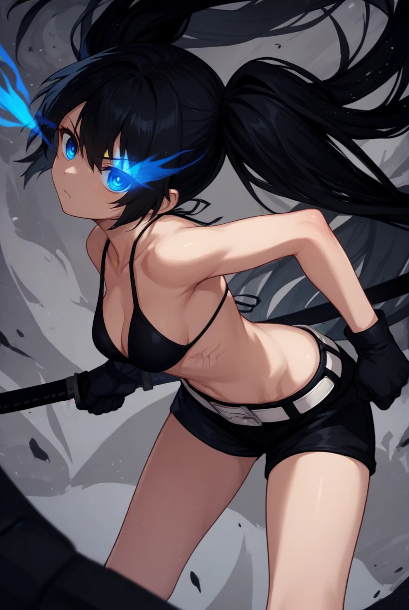 core_9, score_8_up, score_7_up, source_anime, 1girl, solo, looking at viewer, from behind,
<lora:BRSPdxlDwnsty:1>,blue eyes, flaming eye, black hair, twintails, long hair, bikini top only, black shorts, white belt, black gloves, bare shoulders, katana, sheath, fighting stance,
medium breasts,
abstract background, pattern, spiral, steam, dark clouds, light particles, multicolored background,