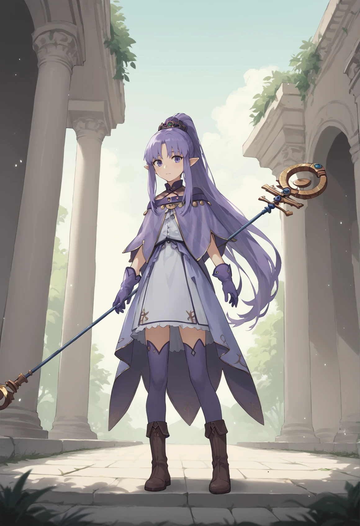 1girl, purple hair, long hair, high ponytail, purple eyes, pointy ears, purple dress, mismatched gloves, mismatched legwear, thighhighs, boots, capelet, holding staff, standing, outdoors, greek temple <lora:Medea_Lily_XL:1>, score_9, score_8_up, score_7_up, score_6_up, score_5_up, score_4_up, BREAK source_anime, masterpiece