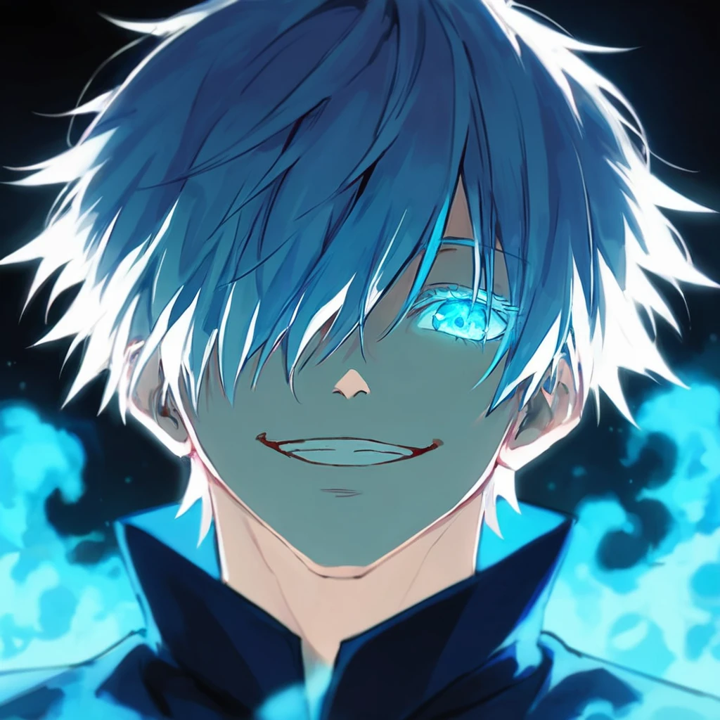 score_9, score_8_up, score_7_up,
SatoruGojo, solo, looking at viewer, smile, short hair, bangs, 1boy, hair between eyes, male focus, grin, glowing, black background, portrait, colored eyelashes, one eye covered with hair,
<lora:GojoSatoruPony19:0.6>