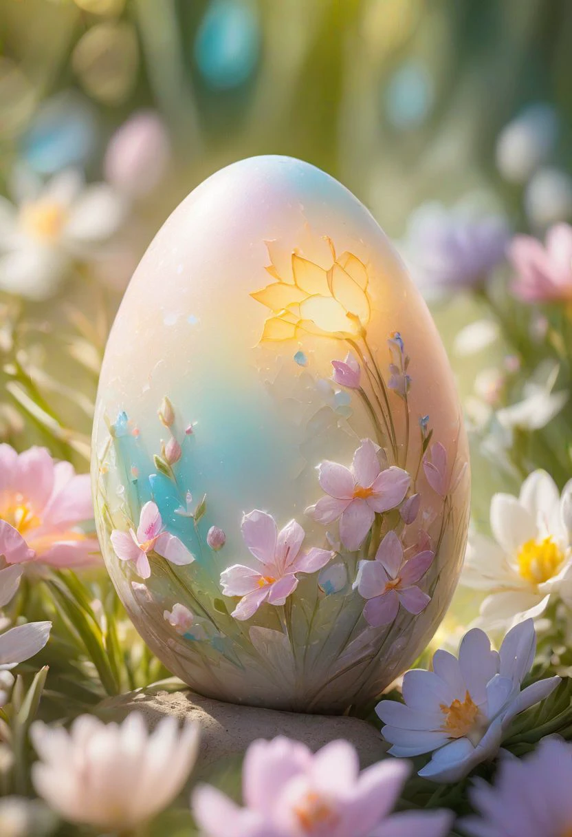 Easter egg embodying the concept of rebirth, cracked surface revealing emerging, pastel colors dominate the scene, backlight casting a heavenly glow, nestled in a bed of vibrant spring flowers, soft-focus background, bokeh effect, natural light, ultra-fine details, digital painting.