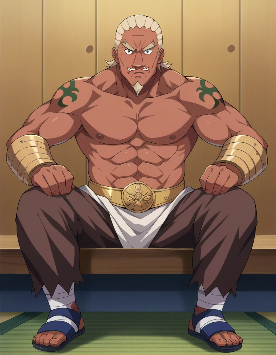 score_9, score_8_up, score_7_up, source_anime,
fourthraikage, <lora:fourth-raikage-ponyxl-lora-nochekaiser:1>
fourth raikage, male focus, dark skin, facial hair, dark-skinned male, beard, goatee, black eyes,
sandals, pants, brown pants, tattoo, muscular, abs, pectorals, muscular male, topless male,
indoors,
looking at viewer, upper body,