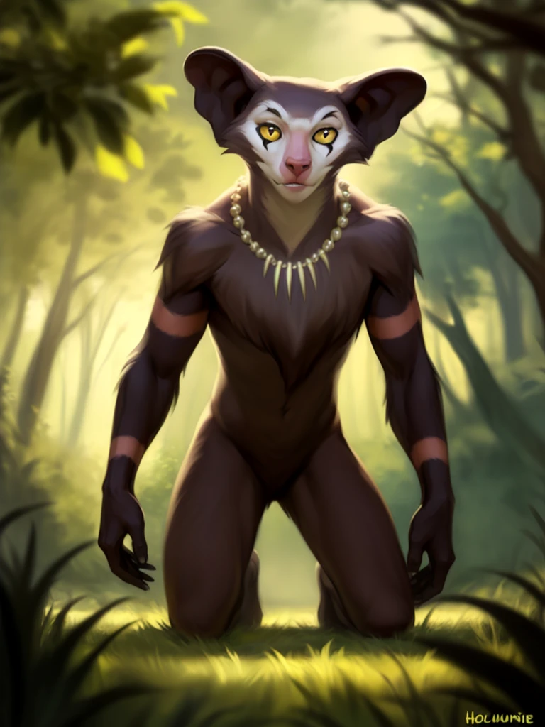 <lora:AyeayespiritLegendFluf:1> AyeayespiritLegendFluf , Aye-aye face, Aye-aye,  full length, necklace, yellow eyes, black eyes,  nude, Brown-gray, white,  Portrait
solo,   looking at viewer, (beautiful, aesthetic, perfect, delicate, intricate, masterpiece, furry, antro)
uploaded on e621, textured fur, [The sun is shining, nature, forest, river, trees, grass, road, sky with clouds,]
by Chunie, by CyanCapsule, by Hallogreen,