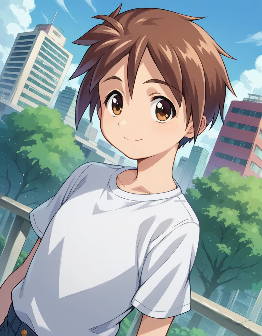 score_9, score_8_up, score_7_up, source_anime,
bokunochico, <lora:boku-no-chico-ponyxl-lora-nochekaiser:1>
chico, short hair, brown hair, brown eyes, smile,
shirt, white shirt, pants,
outdoors, cityscape,
looking at viewer, dutch angle, cowboy shot,