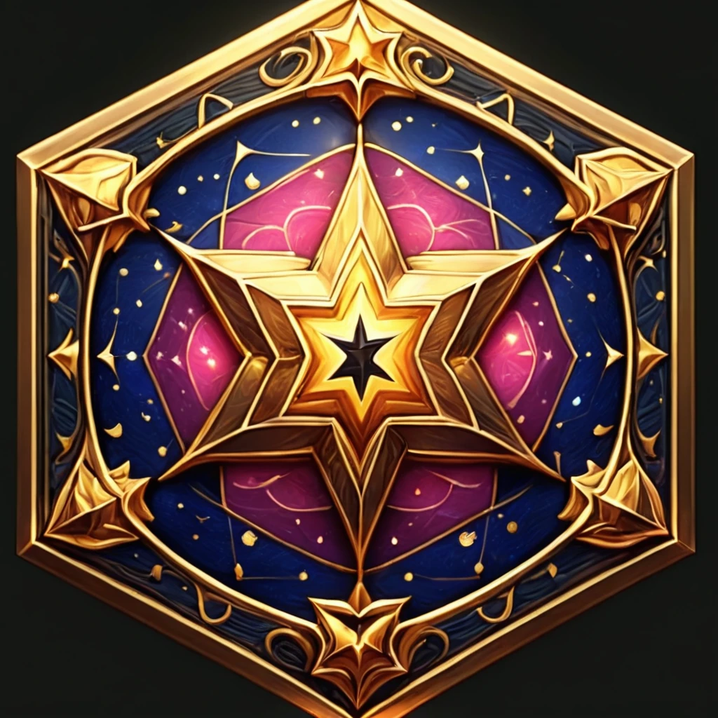Badgetype,solo badge,simple background,star (symbol),no humans,black background,constellation,still life,golden frame badges,hexagonal shaped badges,
<lora:BadgeXL:0.8>