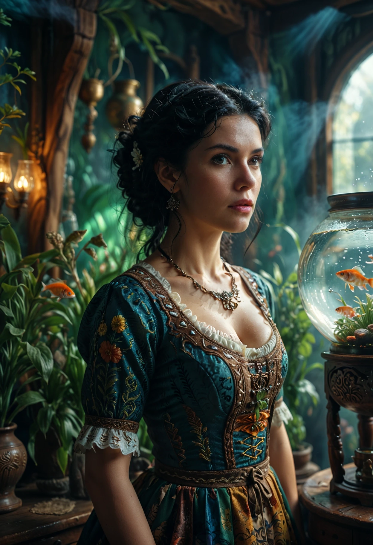 cinematic film still cinematic photo absurdres, 8K, Old Aunt inside a Fishbowl, dressed in Dirndl, Dark hair, hyperdetailed, Unsplash, beautiful, intricate details, artstation, Velvia, A woman is captured in a striking 8k resolution, wearing a traditional dirndl dress and sporting dark hair. She stands out against her unique backdrop - a large fishbowl. The image is rich in detail and has been created using the Velvia Assistant on ArtStation. This artistic masterpiece is available for purchase on Unsplash. It's not just a picture; it's a story waiting to be told.  . 35mm photograph, film, bokeh, professional, 4k, highly detailed . shallow depth of field, vignette, highly detailed, high budget, bokeh, cinemascope, moody, epic, gorgeous, film grain, grainy