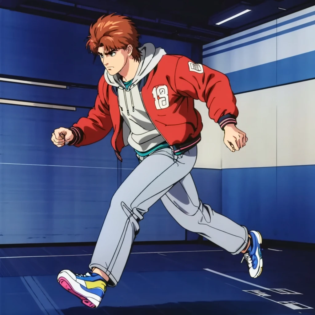 <lora:MZ2YahagiShogo001:0.7>,
solo,
MZ2YahagiShogo,1boy,1980s (style),
hoodie,jacket,pants,
full body,(running:1.2),motion lines,motion_blur,