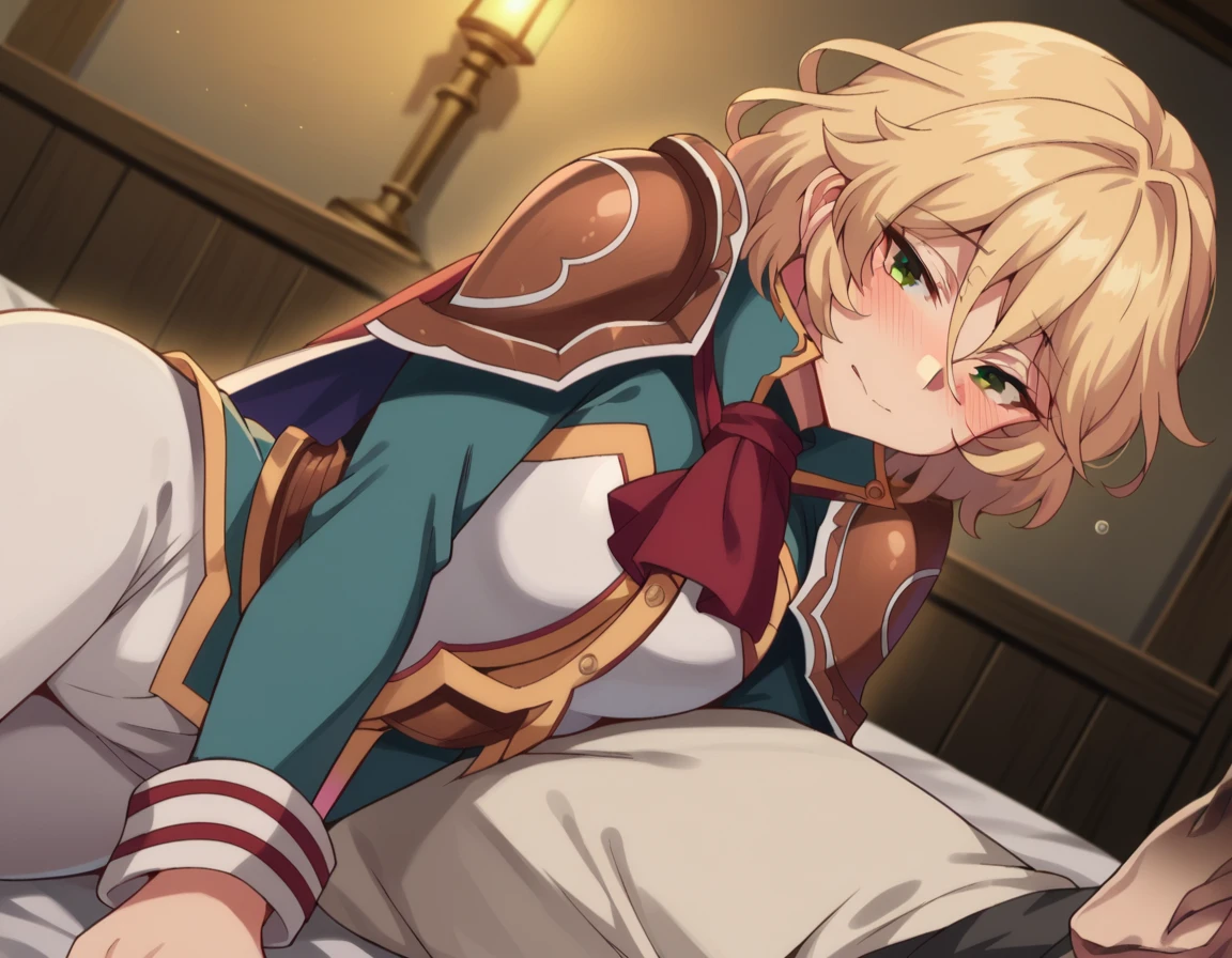 score_9, score_8_up, score_7_up, source_anime,
healerblade, <lora:healer-blade-ponyxl-lora-nochekaiser:1>
blade, blonde hair, green eyes, short hair, hair between eyes,
long sleeves, pants, cape, uniform, military, ascot, white pants,
indoors, bed, bed room, on side, blush, drunk,
looking at viewer, dutch angle, cowboy shot,