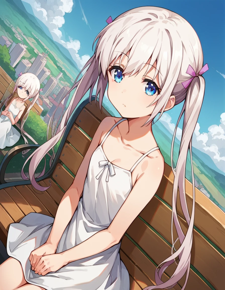 score_9, score_8_up, score_7_up, source_anime,
komakosemenovich, <lora:komako-semenovich-ponyxl-lora-nochekaiser:1>
komako semenovich, blue eyes, ribbon, twintails, hair ribbon, white hair,
dress, white dress,
outdoors, cityscape, sitting, bench,
looking at viewer, dutch angle, cowboy shot,