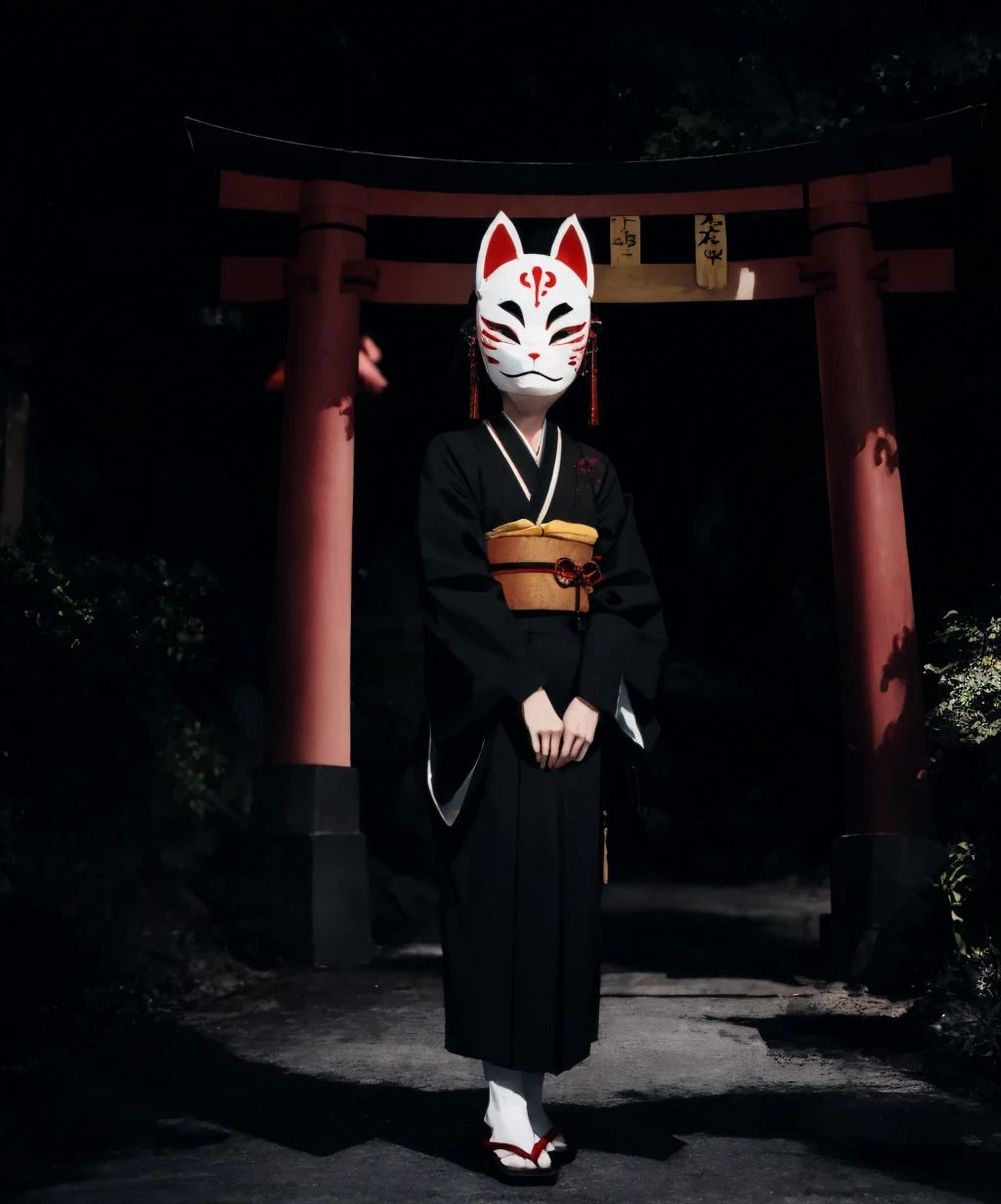 dark theme,shadow,anbu,1girl,medium hair,black hair,japanese clothes,kimono,standing,torii,solo,<lora:anbu_mask-09:1>,<lora:LowRA:0.8>,