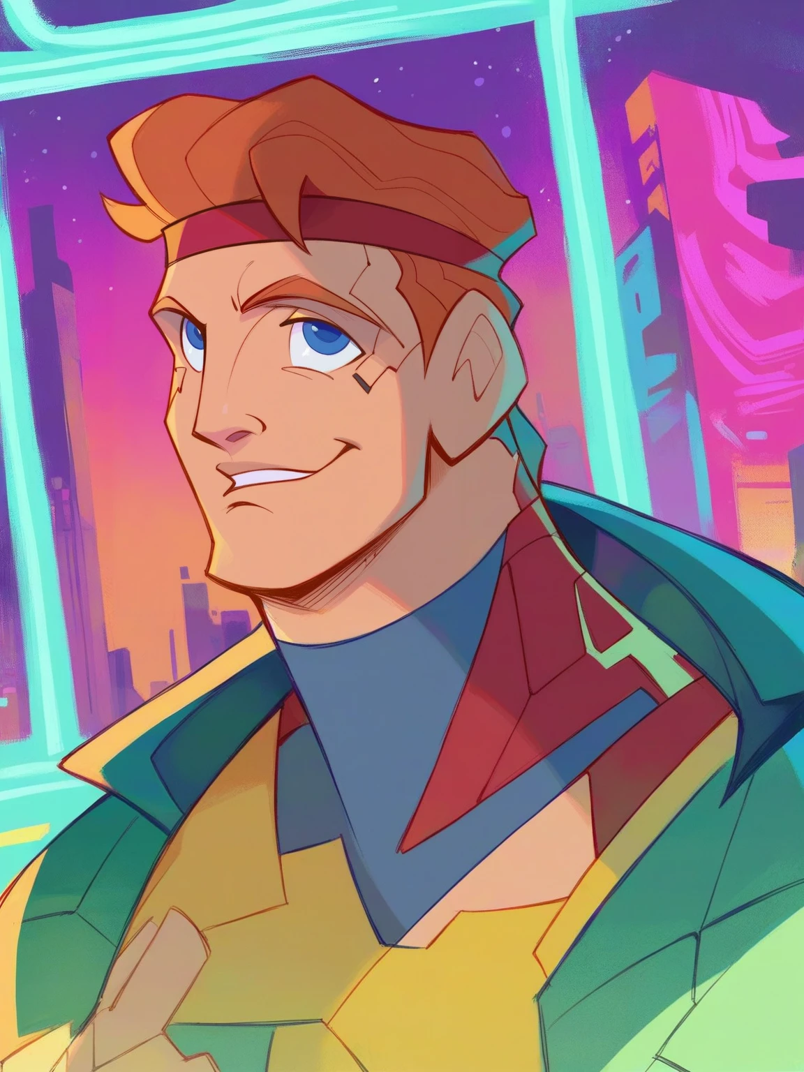 <lora:Hercules:0.7>, h_les, 1boy, ginger hair, blue eyes, red headband, cyberpunk neon outfit, at night, night city background, score_9, score_8_up, score_7_up,