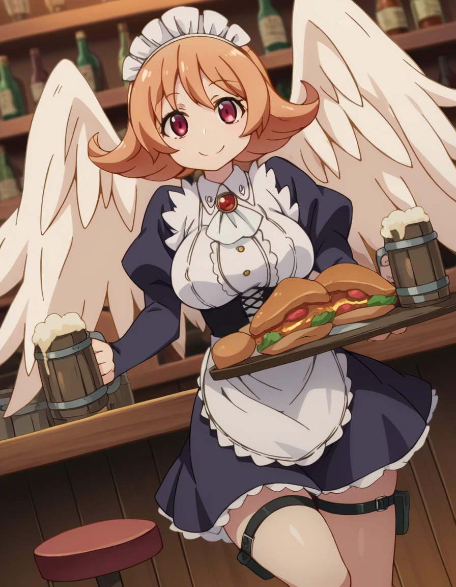 score_9, score_8_up, score_7_up, source_anime,
reviewermeidri, <lora:reviewer-meidri-ponyxl-lora-nochekaiser:1>
meidri, short hair, bangs, red eyes, orange hair, flipped hair, mature female,
long sleeves, dress, jewelry, frills, wings, puffy sleeves, apron, maid, maid headdress, thigh strap, juliet sleeves, brooch, white apron, feathered wings, maid apron, puffy long sleeves, white wings,
indoors, bar, tavern, tray, food, beer, mug, smile,
looking at viewer, dutch angle, cowboy shot,