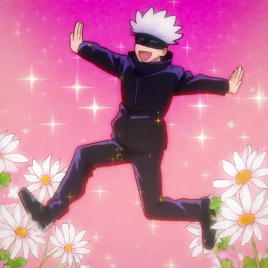 score_9, score_8_up, score_7_up,
SatoruGojo, solo, smile, short hair, open mouth, long sleeves, 1boy, jacket, full body, flower, :d, male focus, shoes, pants, black footwear, black jacket, sparkle, black pants, pink background, outstretched arms, white flower, facing viewer, blindfold, spread arms, funny,
 <lora:GojoSatoruPony19:1>