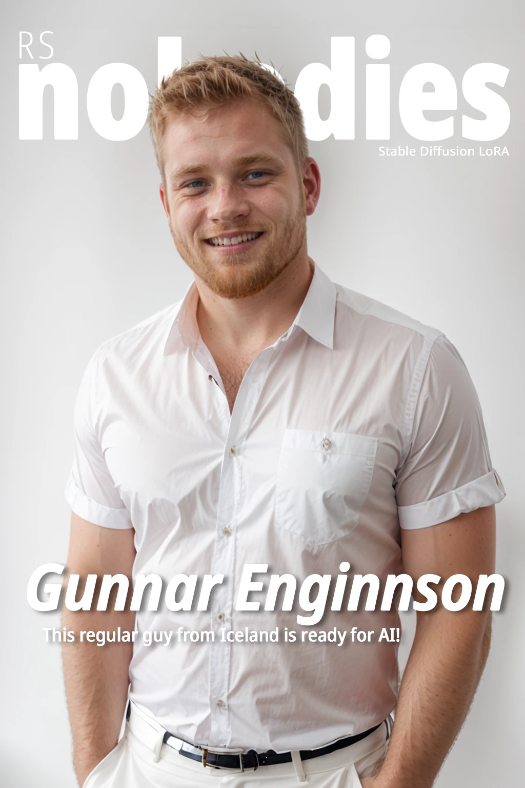 (full body:1.5) photo of GunnarEnginnson wearing a white shirt, posing for a magazine cover, plain white background, smile,
<lora:GunnarEnginnsonLoRA:1>