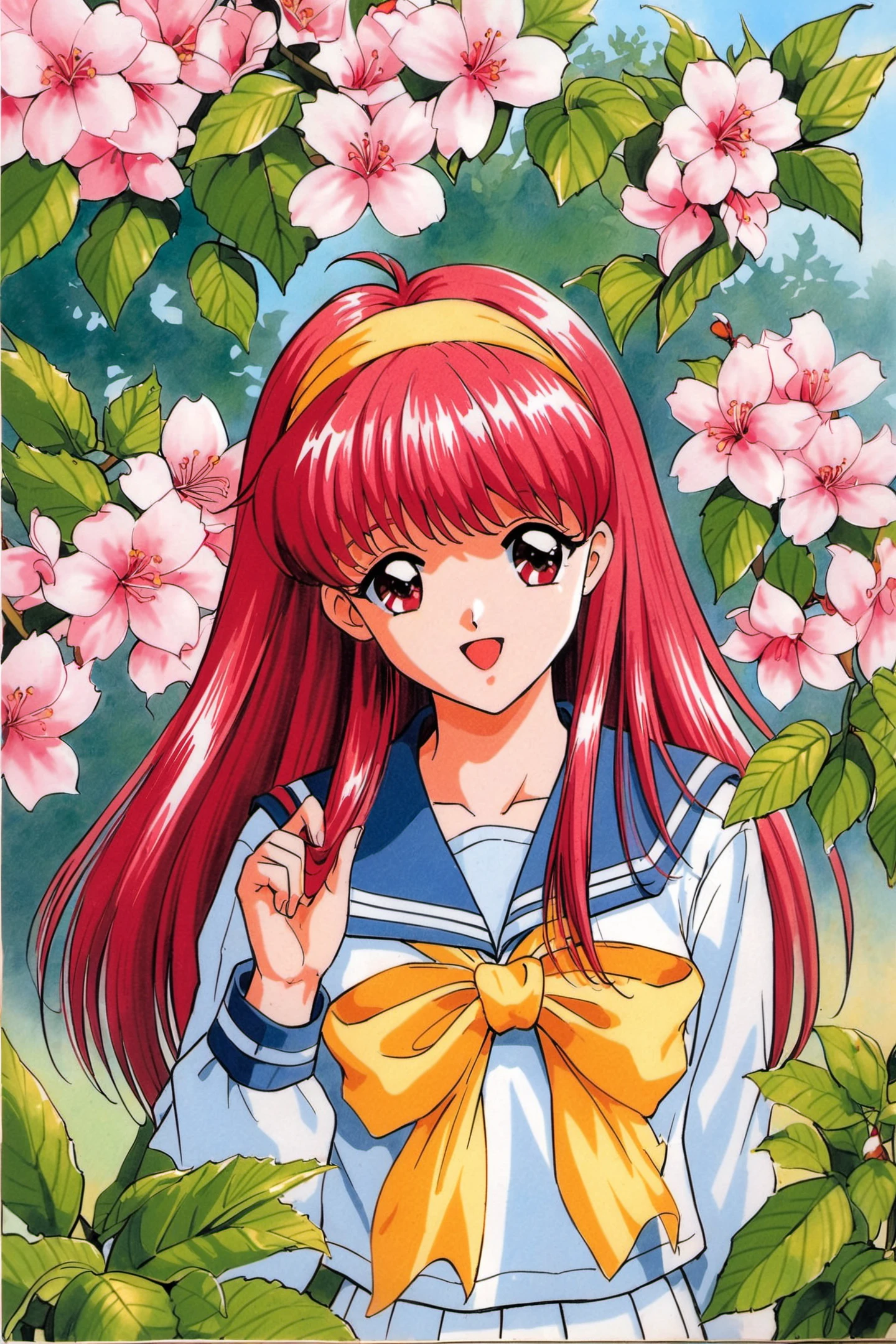 Fujisaki Shiori,1girl,solo,long hair,school uniform,retro artstyle,yellow hairband,1990s (style),red hair,serafuku,bow,sailor collar,yellow bow,blue sailor collar,red eyes,leaf,flower,cherry blossom,upper body,smile,open mouth,traditional media,<lora:Tokimeki Memorial_XL:0.8>,