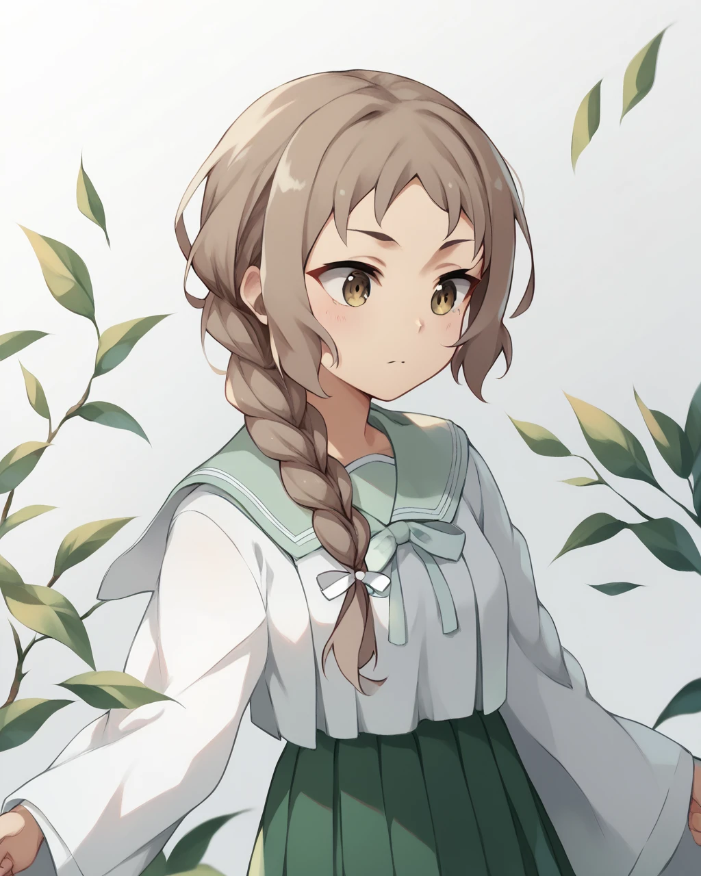 score_9, score_8_up, score_7_up,
<lora:Masuzu_Aki_PONY:1>,masuzu aki, 1girl, solo, long hair, brown hair, single braid, brown eyes, hair over shoulder, ribbon, long sleeves,green skirt, school uniform,serafuku,japanese clothes,black socks,white shirt,face, upper body,