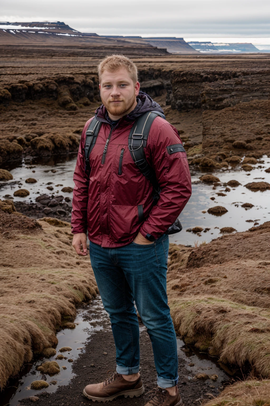 GunnarEnginnson in adventuring gear, in the icelandic countryside <lora:GunnarEnginnsonLoRA-04:1>