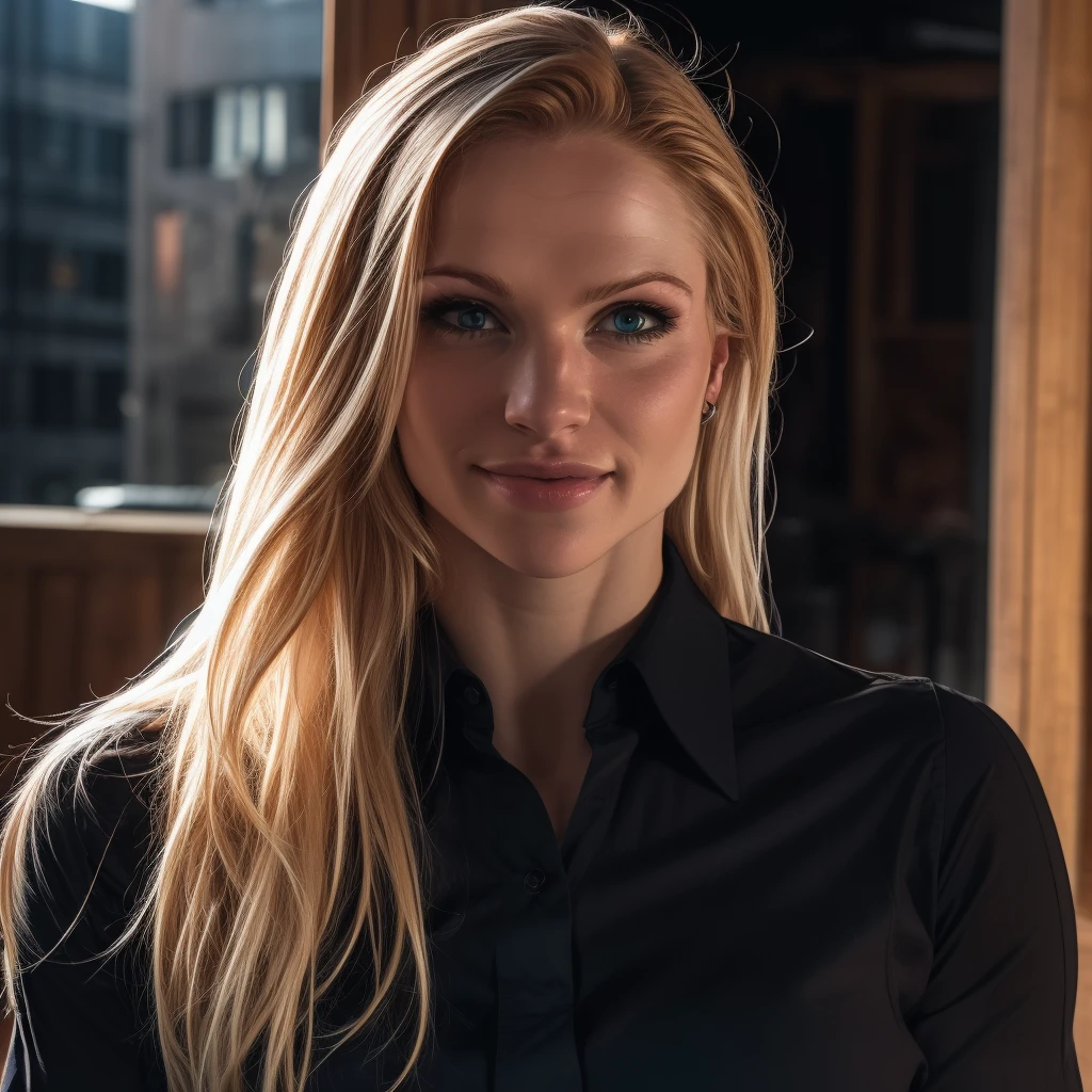 Best_QualityPos, RAW photo, intricate details, best quality, 8k uhd, soft lighting, 1girl, solo, Annie Thorisdottir, green eyes, long hair, blonde hair, muscular female, black collared shirt <lora:Annie_Thorisdottir:0.7> <lora:exposure_control_v10:-0.5>