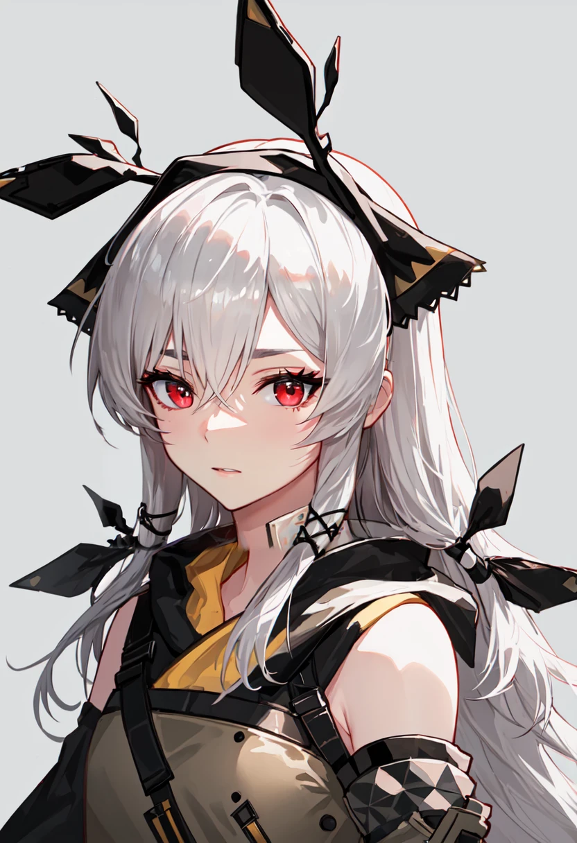 best quality, masterpiece, highres, solo, (weedy_arknights:1.10), 1girl, looking at viewer, simple background, upper body, white background, bare shoulders, closed mouth, detached sleeves, hair between eyes, hairband, portrait, white hair, 3 <lora:weedy_arknights:0.80>