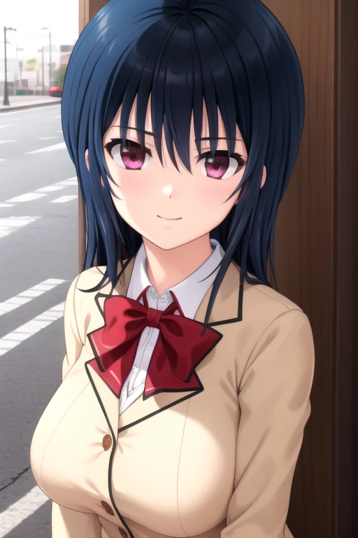 ((masterpiece)),(best quality),official art,extremely detailed CG,unity 8k wallpaper,ultra detailed,beautiful detailed eyes,extremely detailed face,outdoors,1girl,solo,upper body,(portrait:1.5),looking at viewer,facing viewer,smile,Mio-ysof,long hair,black hair,floating hair,sidelocks,hair between eyes,bangs,purple eyes,blazer,beige jacket,wing collar,red bowtie,white shirt,collared shirt,long sleeves,huge breasts,miniskirt,red skirt,pleated skirt,zettai ryouiki,black thighhighs,loafers,<lora:Mio(ysof)>,