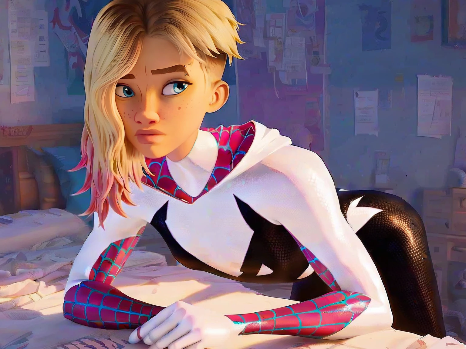 (masterpiece,best quality,absurdres,beautiful,aesthetic,detailed),cinematic angle, (Detailed face:1.2), (Detailed eyes:1.2), 1girl, solo (Gwen Stacy:1.1), curvy, bottom heavy,platinum blonde hair, bright blue eyes, ((Wearing: Black headband, olive green sweater, black leggings, black heels)), she is outside on New York streets, crowds of people on the surroundings, busy atmosphere, cinematic lighting, detailed background, she tries to crawl through a hole in the wall but she is tightly stuck in the hole by the hips, waiting for spider man to save her