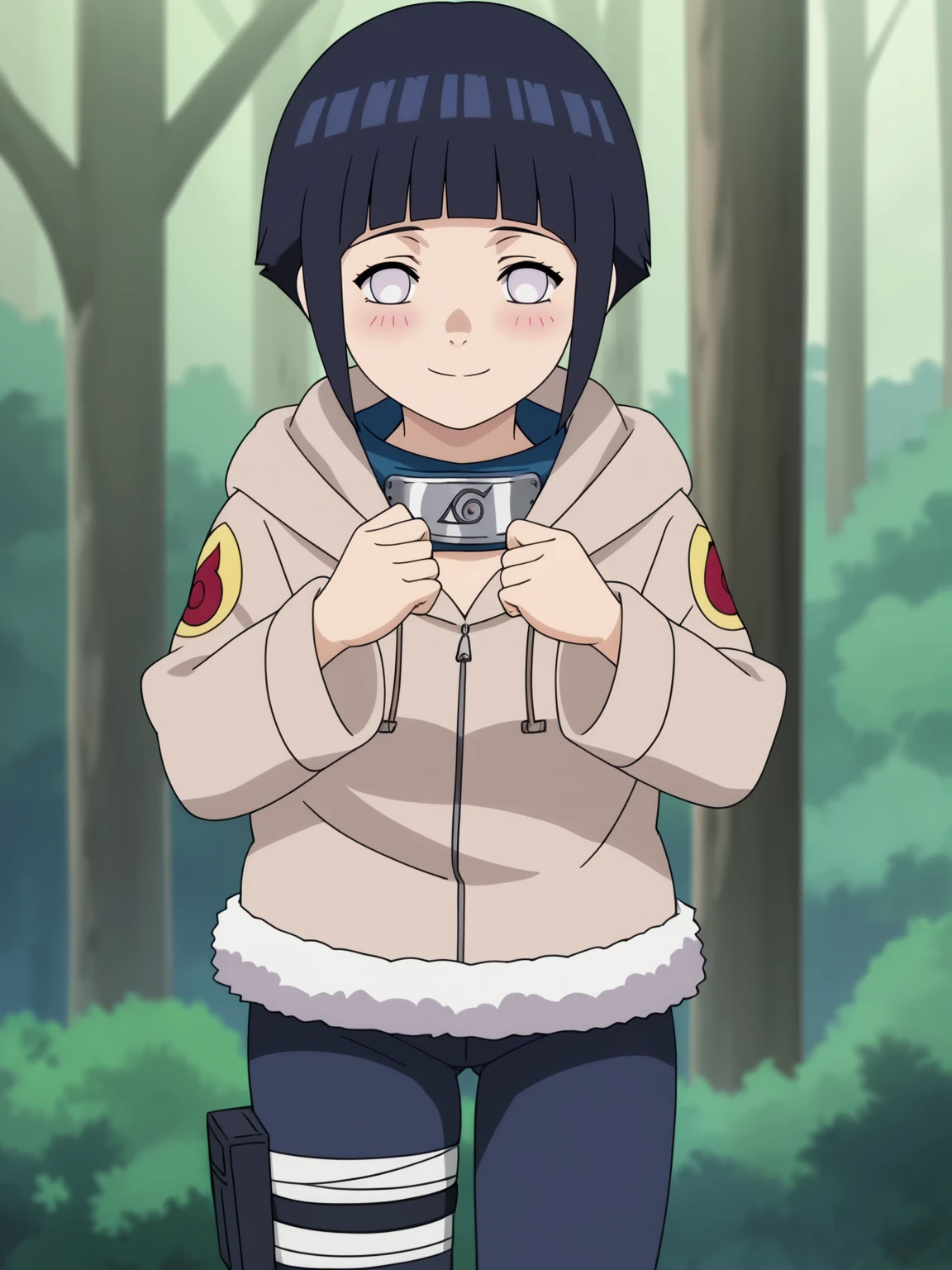 score_9, score_8_up,source_anime,
1girl, hyuuga hinata, short hair, black hair, no pupils, blunt bangs, shiny hair, white eyes, hoodie, hood down, long sleeves, fur trim, capri pants, bandages, thigh holster,
solo, looking at viewer, blush, standing, smile, closed mouth, cowboy shot, outdoors, forest, anime screencap, anime coloring <lora:HinataGeninXL:1>