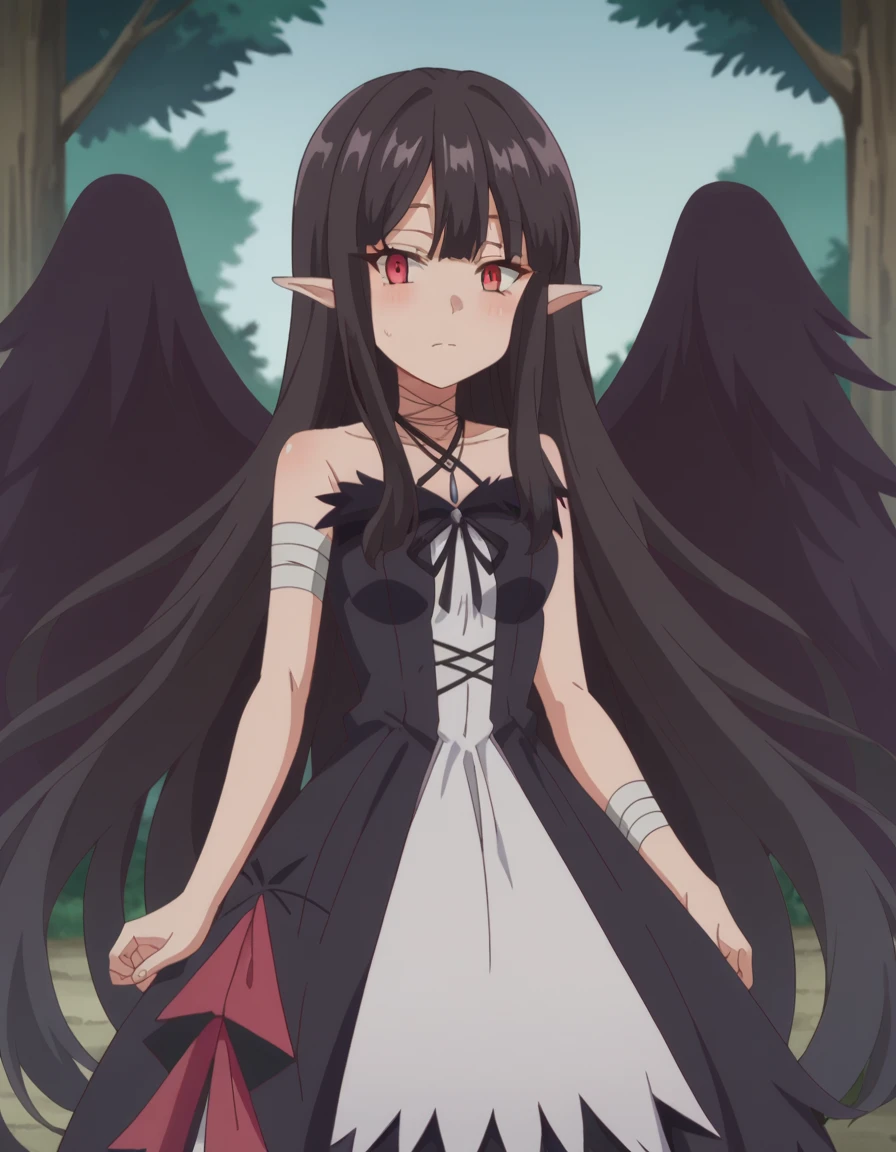 score_9, score_8_up, score_7_up, source_anime,
evereese, <lora:eve-reese-ponyxl-lora-nochekaiser:1>
eve reese, long hair, bangs, black hair, red eyes, very long hair, pointy ears,
dress, bare shoulders, collarbone, wings, sleeveless, black dress, black ribbon, halterneck, bandages, feathered wings, black wings,
outdoors, village, forest,
looking at viewer, dutch angle, cowboy shot,