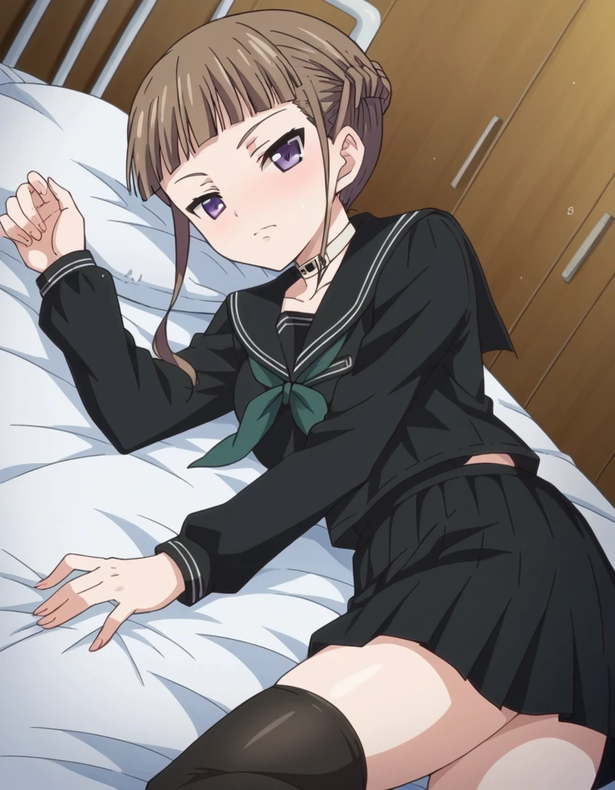 score_9, score_8_up, score_7_up, source_anime,
nemumanaka, <lora:nemu-manaka-ponyxl-lora-nochekaiser:1>
nemu manaka, brown hair, sidelocks, purple eyes,
skirt, thighhighs, long sleeves, school uniform, serafuku, choker, black thighhighs, black skirt, collar, zettai ryouiki, black serafuku,
indoors, bed, bed room, on side, blush, drunk,
looking at viewer, dutch angle, cowboy shot,
