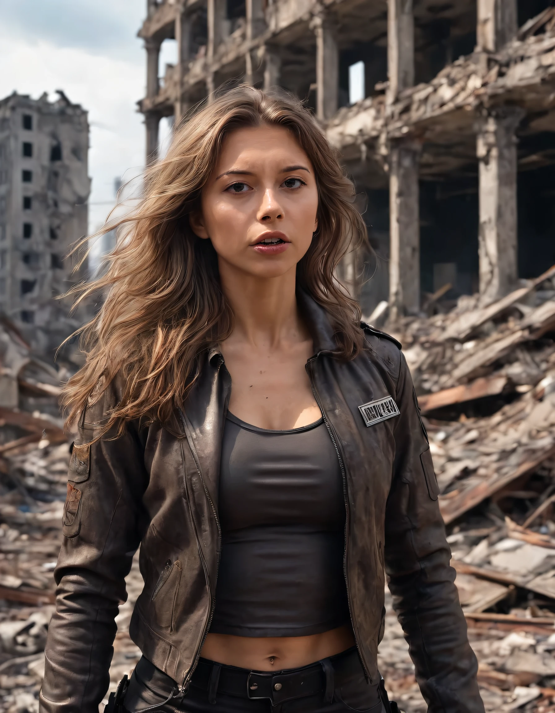 In this captivating post-apocalyptic scene, Daria Koso, an ultra-realistic yet attractive woman with long wavy brown hair and piercing realistic brown eyes, stands tall, her face etched with melancholy, as she navigates the sinister ruins of a once-vibrant city, clad in a hyper-detailed hyper-realistic combat uniform - an athletic form fitting tight top revealing her realistic, toned physique, and a rugged leather jacket that accentuates her curves while protecting her from the elements. In this dystopian world, she stands out as a symbol of beauty amidst destruction, representing resilience and hope for humanity in the wake of chaos. <lora:tlttui18e7d389d1au5d4:1>
