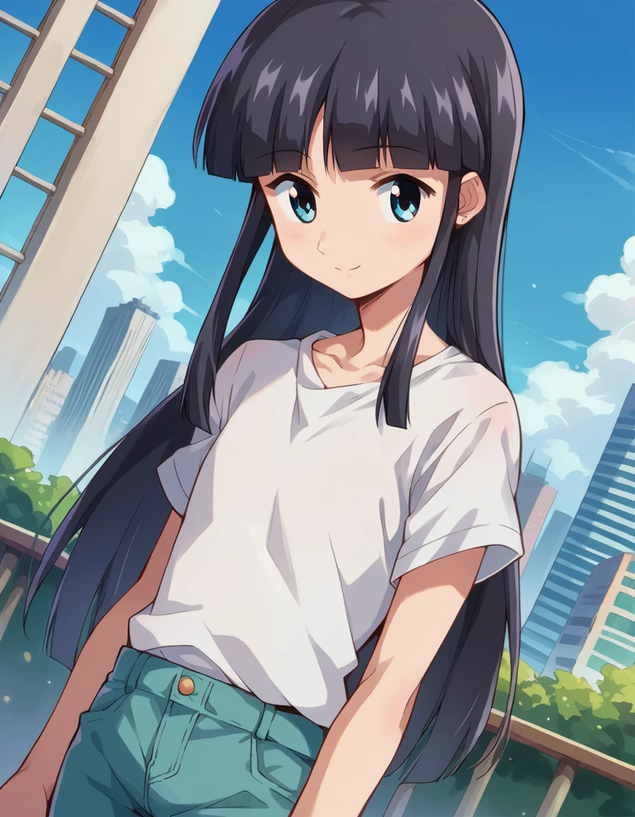 score_9, score_8_up, score_7_up, source_anime,
bokunococo, <lora:boku-no-coco-ponyxl-lora-nochekaiser:1>
coco, long hair, blue eyes, black hair, bangs, blunt bangs, sidelocks, smile,
shirt, white shirt, pants,
outdoors, cityscape,
looking at viewer, dutch angle, cowboy shot,