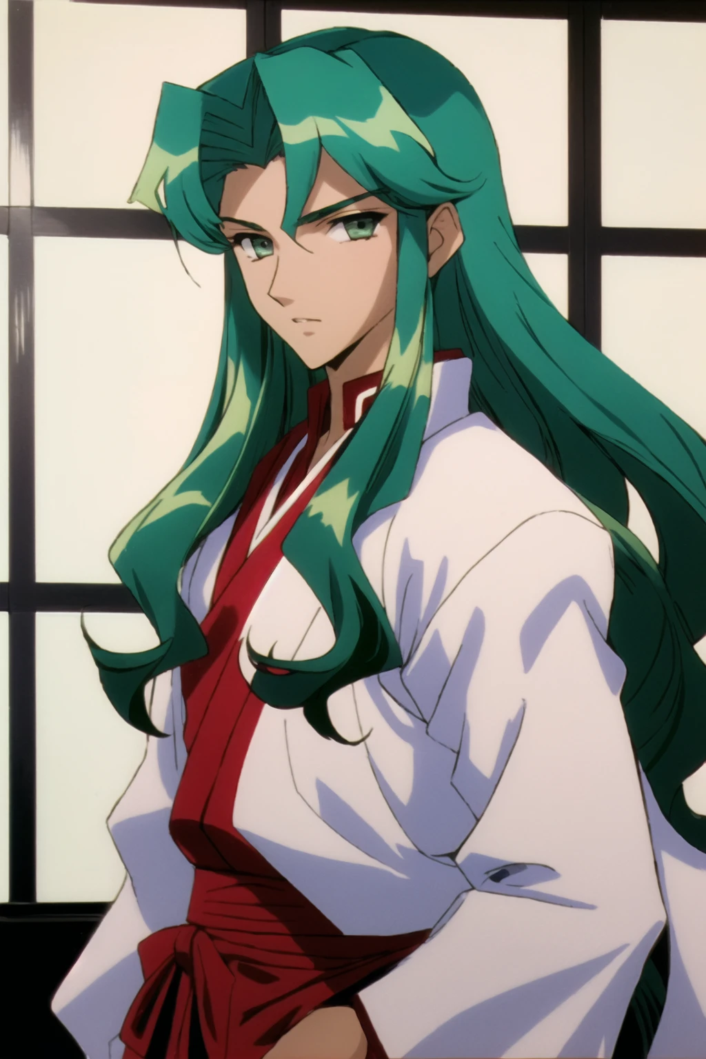 utenaki, (saionji), solo man, athletic build, (long wavy green hair:1.1), grey eyes, samurai, <lora:utenaki1:1.0>, dojo