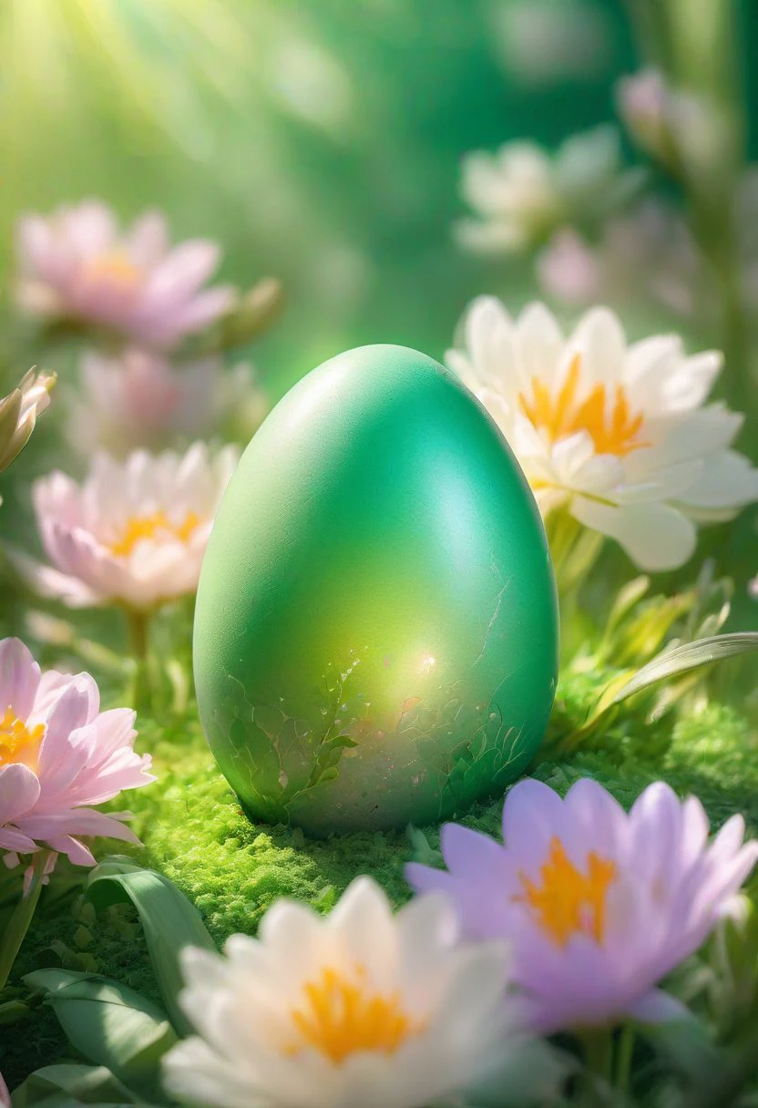 green Easter egg embodying the concept of rebirth, cracked surface revealing emerging, pastel colors dominate the scene, backlight casting a heavenly glow, nestled in a bed of vibrant spring flowers, soft-focus background, bokeh effect, natural light, ultra-fine details, digital painting.