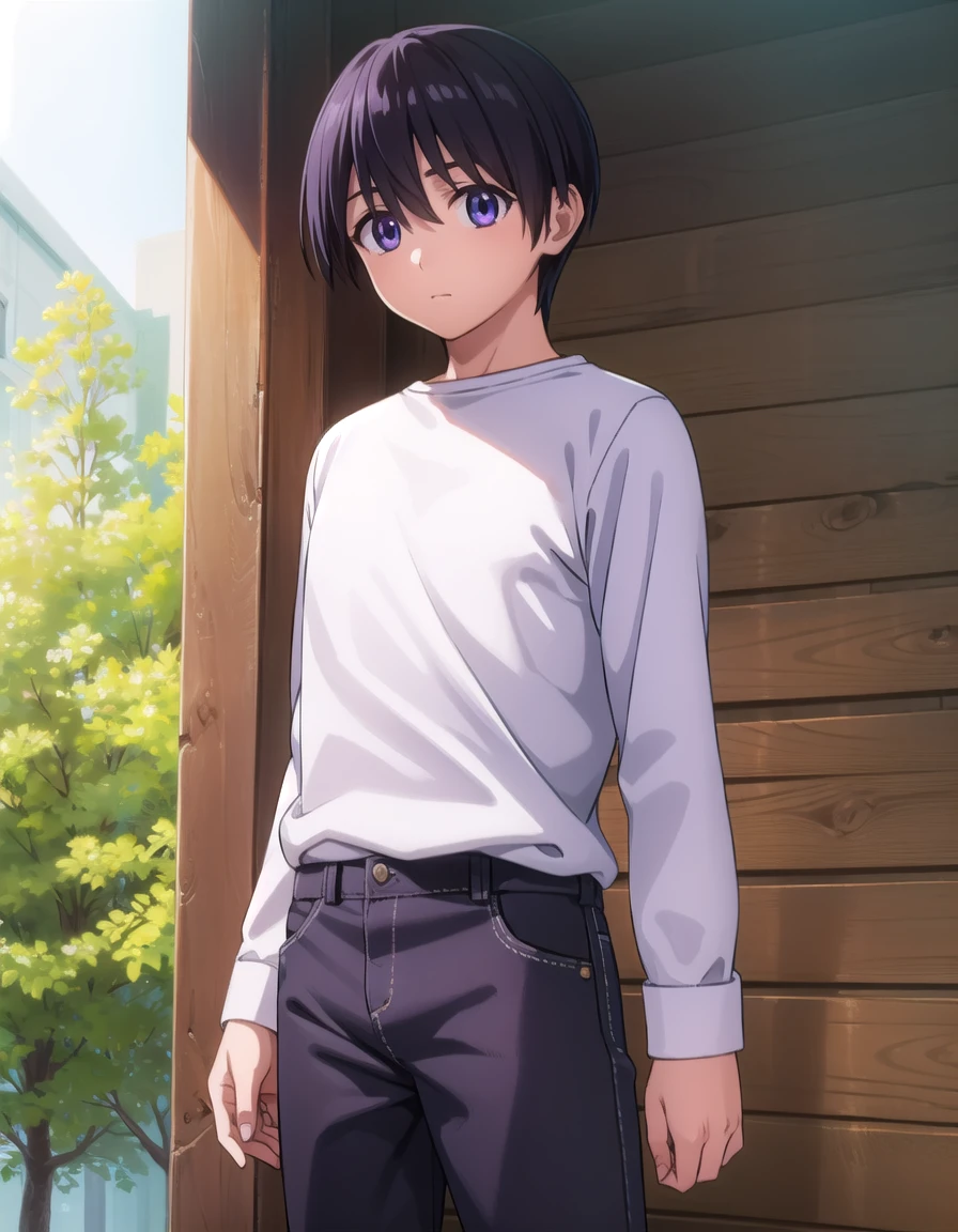 elfenliedkouta, <lora:elfen lied kouta s1-lora-nochekaiser:1>,
kouta, (purple eyes:1.1), black hair, male focus,
BREAK shirt, long sleeves, white shirt, short sleeves, open clothes, pants,
BREAK outdoors,
BREAK looking at viewer, (cowboy shot:1.5),
BREAK <lyco:GoodHands-beta2:1>, (masterpiece:1.2), best quality, high resolution, unity 8k wallpaper, (illustration:0.8), (beautiful detailed eyes:1.6), extremely detailed face, perfect lighting, extremely detailed CG, (perfect hands, perfect anatomy),