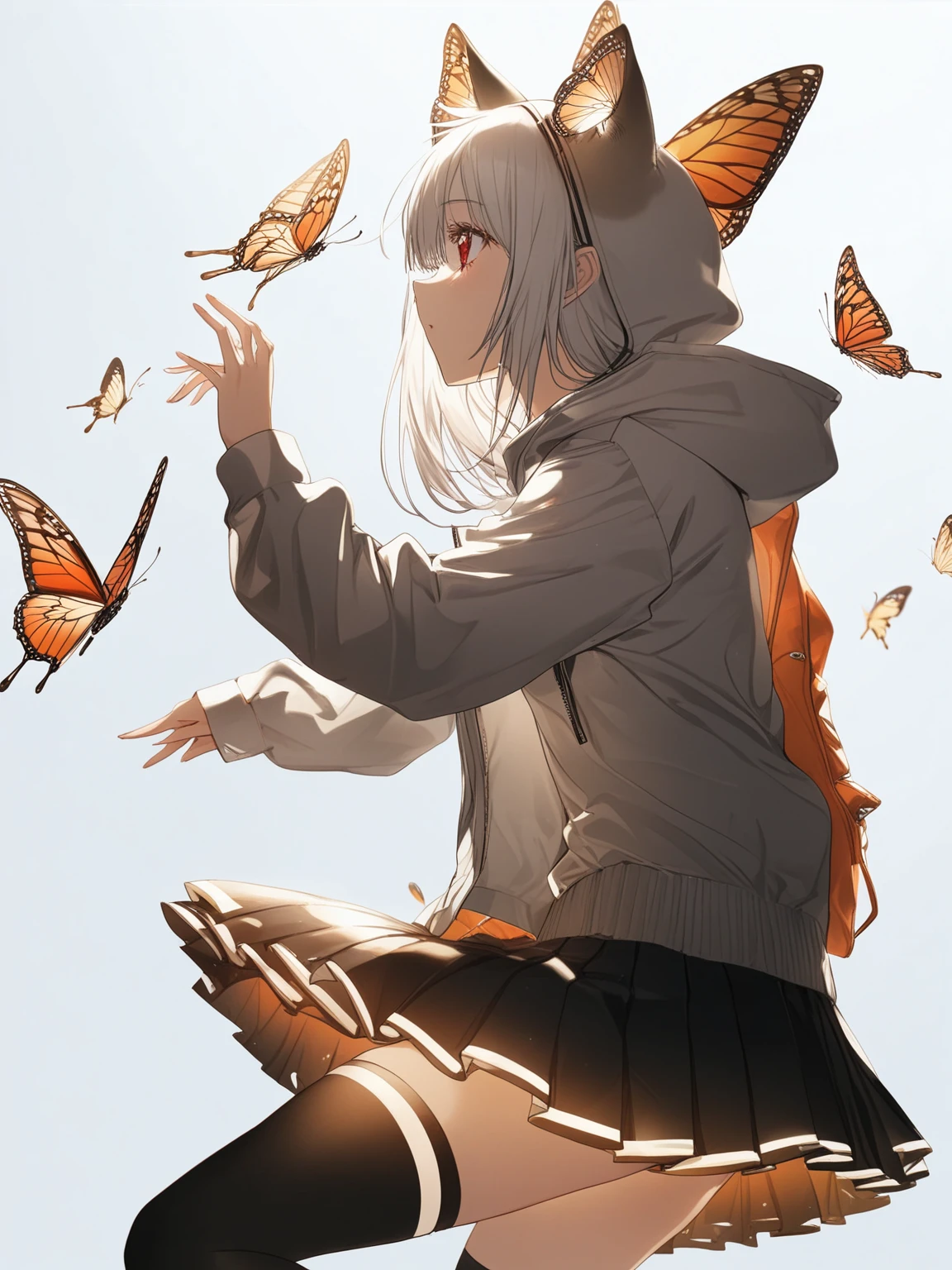 1girl, solo, bug, butterfly, thighhighs, skirt, holding, pleated skirt, hood, red eyes, black skirt, animal ears, white hair, shirt, long sleeves, white shirt, hood up, profile, bangs, white background, jacket, high quality, masterpiece