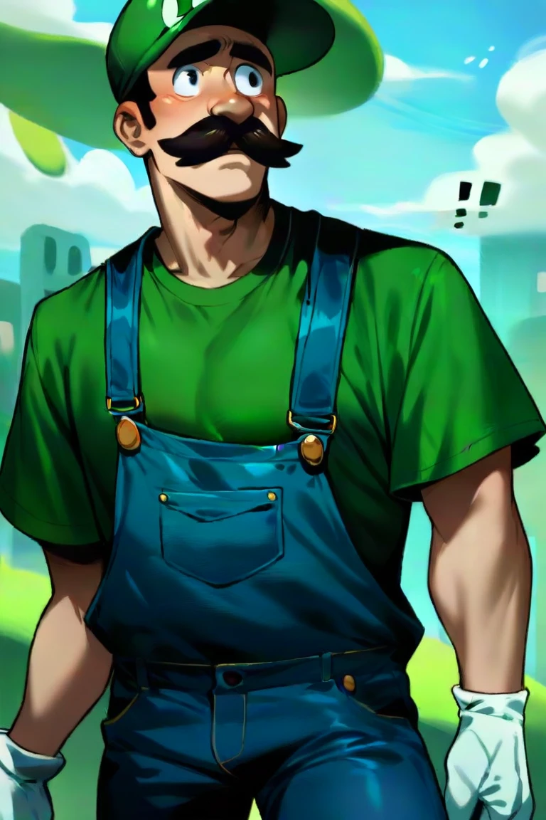 <lora:SDXL_SaigaliskXL:0.8> saigaliskxl,
(score_9), score_8_up, score_7_up, source_cartoon, rating_safe,
1boy, solo, clothed, fully_clothed,
luigi, mario_(series), moustache, green_cap, green_shirt, white_gloves, tall male, overalls, afraid