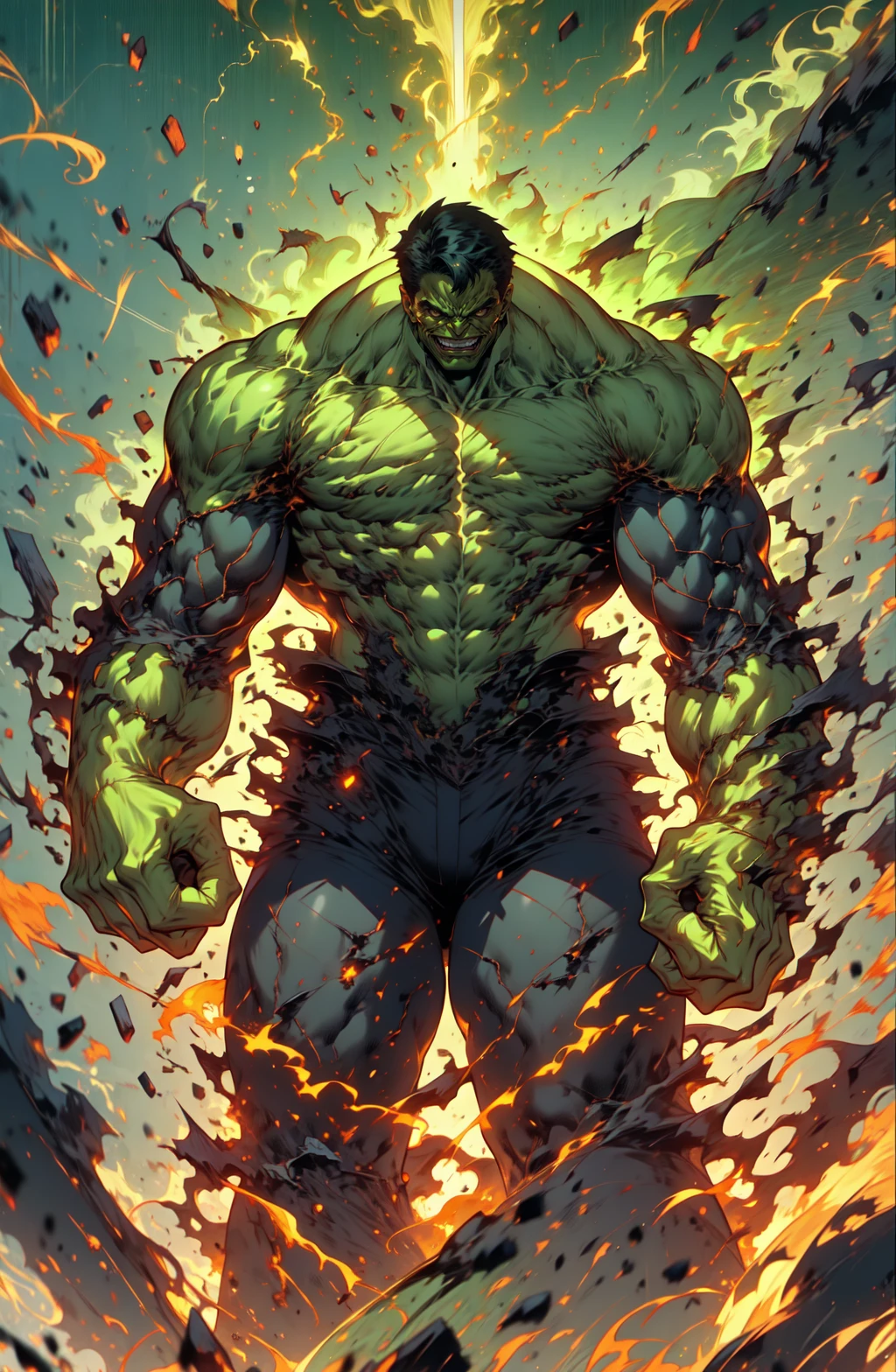 <lora:The_incredible_Hulk:1> hulk, solo, hypermuscles:1.7 <lora:r1ge - AnimeRage:1> r1ge, ((green skin:1.2))