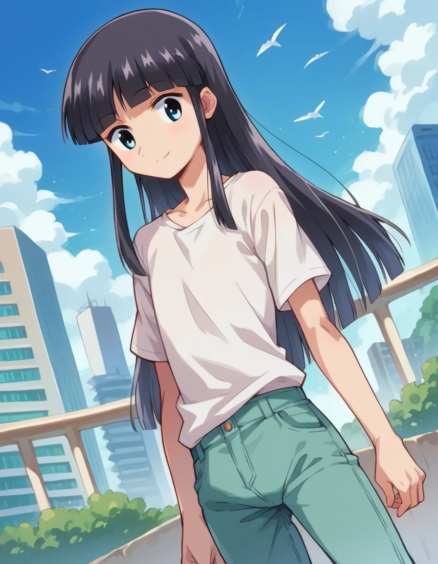 score_9, score_8_up, score_7_up, source_anime,
bokunococo, <lora:boku-no-coco-ponyxl-lora-nochekaiser:1>
coco, long hair, blue eyes, black hair, bangs, blunt bangs, sidelocks, smile,
shirt, white shirt, pants,
outdoors, cityscape,
looking at viewer, dutch angle, cowboy shot,