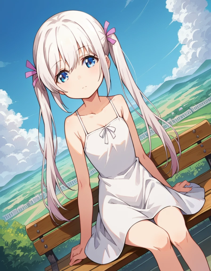 score_9, score_8_up, score_7_up, source_anime,
komakosemenovich, <lora:komako-semenovich-ponyxl-lora-nochekaiser:1>
komako semenovich, blue eyes, ribbon, twintails, hair ribbon, white hair,
dress, white dress,
outdoors, cityscape, sitting, bench,
looking at viewer, dutch angle, cowboy shot,