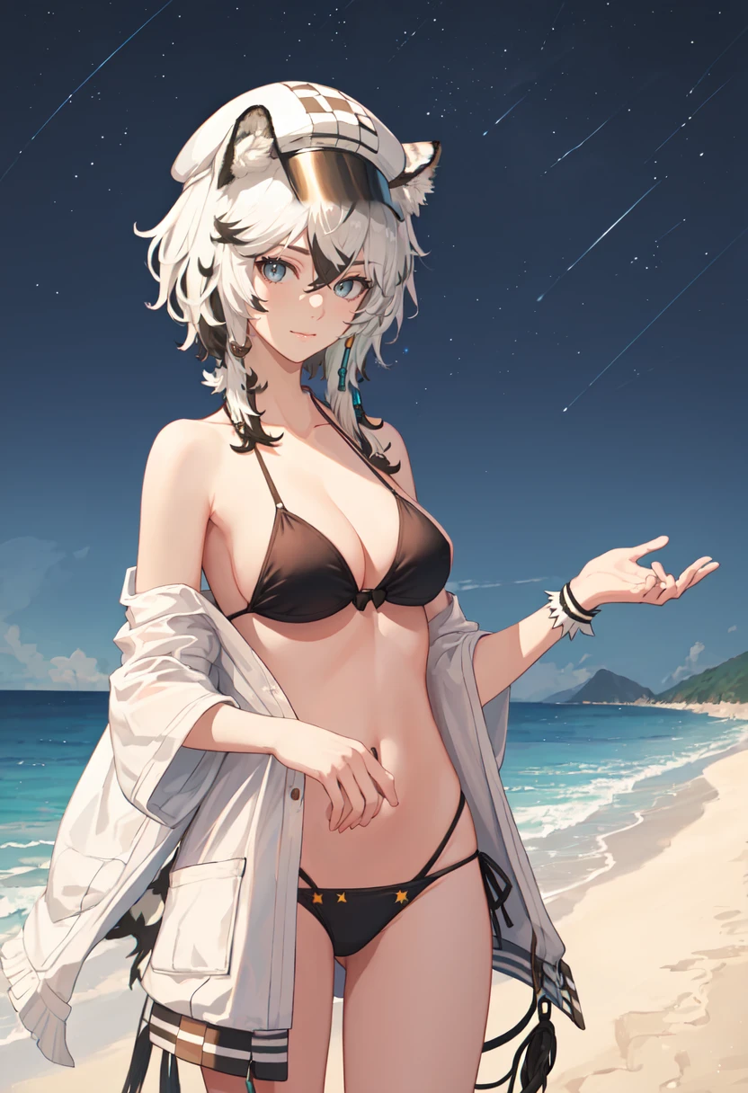 best quality, masterpiece, highres, solo, (cliffheart_arknights:1.10), (night:1.10), (starry sky:1.10), beach, beautiful detailed sky, (extremely detailed background:1.20), (standing:1.10), looking at viewer, (bikini:1.30), light smile, 23 <lora:cliffheart_arknights:0.80>