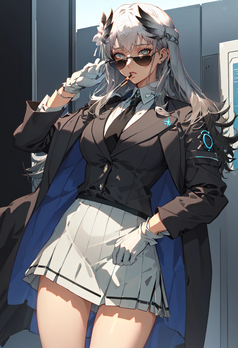 best quality, masterpiece, highres, solo, (bibeak_arknights:1.10), (black business suit:1.40), (tie:1.20), (sunglasses:1.25), (white gloves:1.15), (white shirt:1.10), (black skirt:1.15), (smoking:1.20), handsome, 16 <lora:bibeak_arknights:0.80>