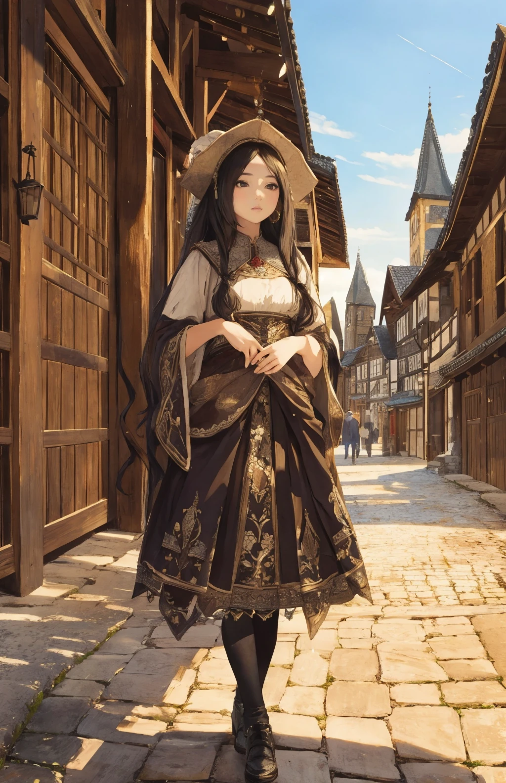 1girl,full body,long hair,intricately detailed,sharp focus,rich shadows,HDR,rembrandt lighting,soft shadows, diffused light,medieval village,wooden buildings,inn,detailed background,vast,ultra highres,intricate texture,Balanced depth of field,<lora:Angeli1:0.7> Angeli