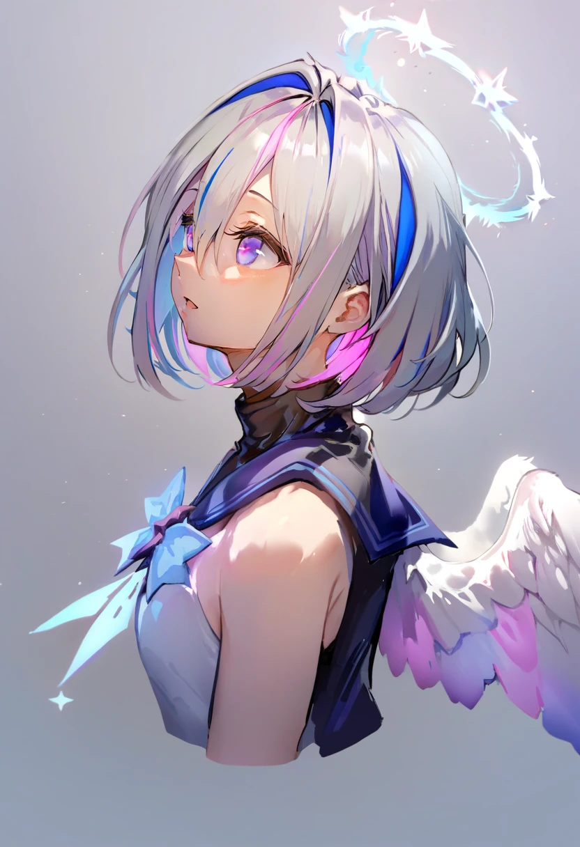 score_9, score_8_up, score_7_up, score_6_up, <lora:anmiXL_P6_lokr_V2233:0.95> 1girl, amane kanata, solo, star halo, virtual youtuber, halo, wings, multicolored hair, feathered wings, colored inner hair, short hair, grey hair, angel wings, white background, angel, blue hair, simple background, parted lips, asymmetrical hair, single hair intake, white wings, portrait, bob cut, blue eyes, purple eyes, high collar, bangs, streaked hair, from side, pink hair, turtleneck, sailor collar, hair between eyes, looking away