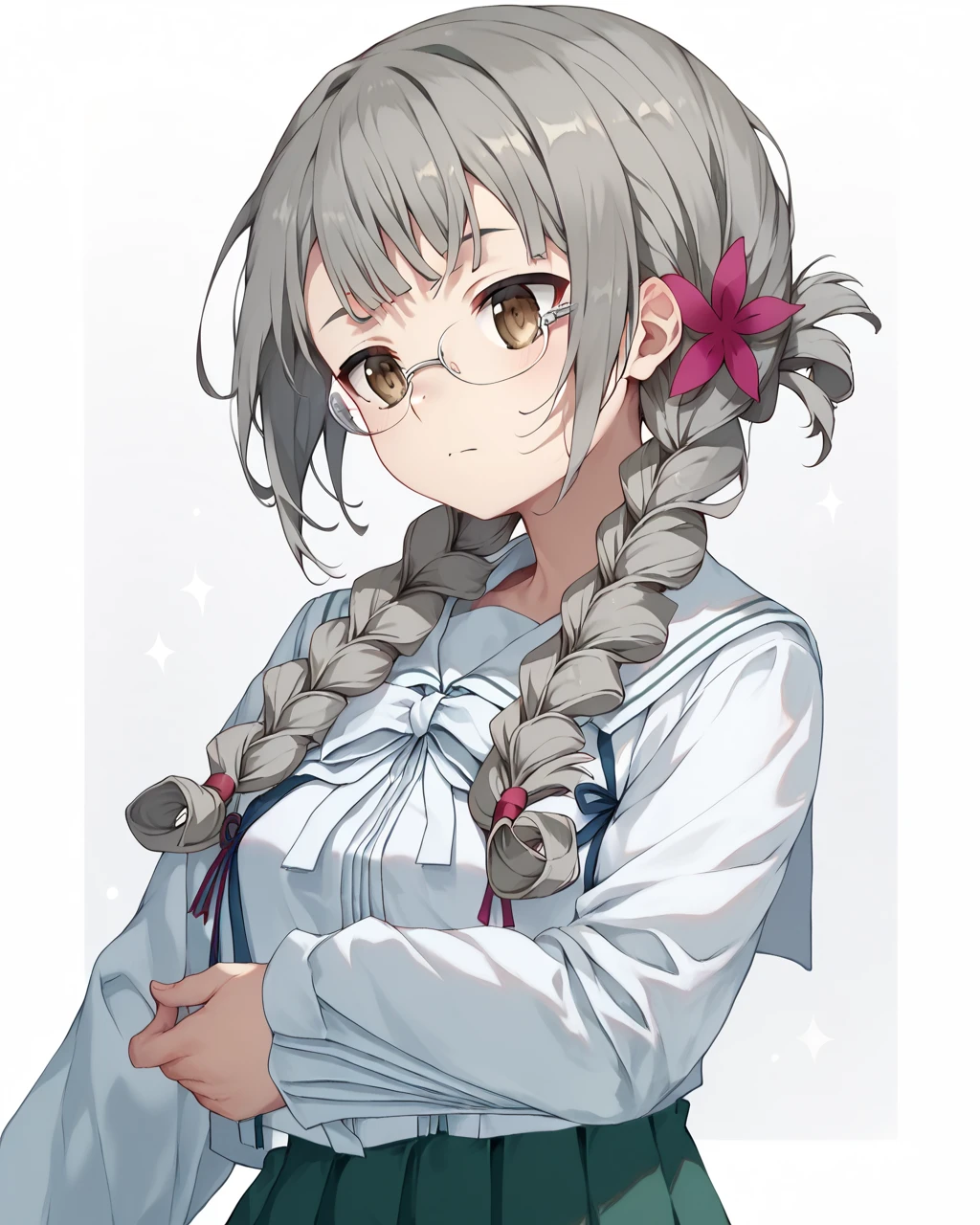 score_9, score_8_up, score_7_up,
<lora:Hanamoto_Yoshika_PONY:1>,mika hanamoto,1girl, solo,glasses, long hair, twin braids,hair ornament,hair flower,brown eyes, grey hair, bangs, ribbon, hair over shoulder, pantyhose, school uniform,serafuku, green skirt, long sleeves, bow,shirt,