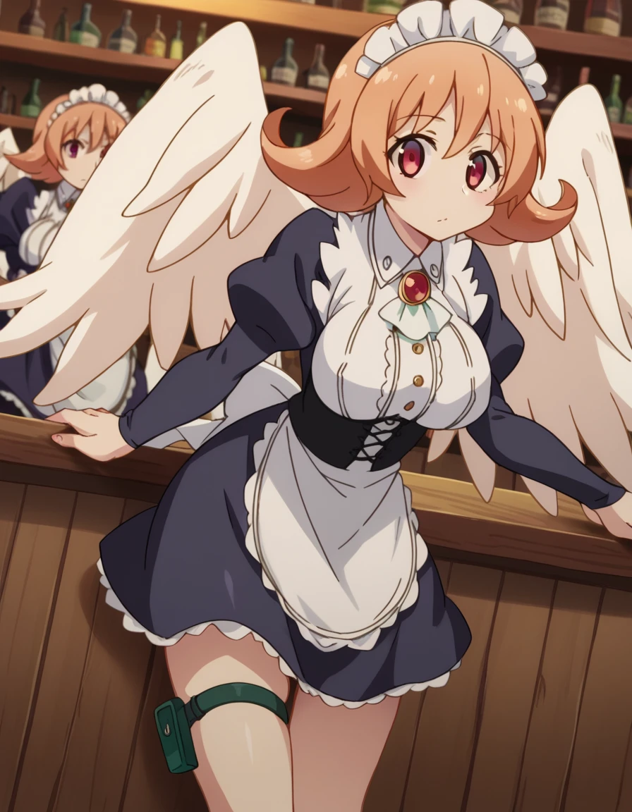 score_9, score_8_up, score_7_up, source_anime,
reviewermeidri, <lora:reviewer-meidri-ponyxl-lora-nochekaiser:1>
meidri, short hair, bangs, red eyes, orange hair, flipped hair, mature female,
long sleeves, dress, jewelry, frills, wings, puffy sleeves, apron, maid, maid headdress, thigh strap, juliet sleeves, brooch, white apron, feathered wings, maid apron, puffy long sleeves, white wings,
indoors, bar, tavern, bent over,
looking at viewer, dutch angle, cowboy shot,