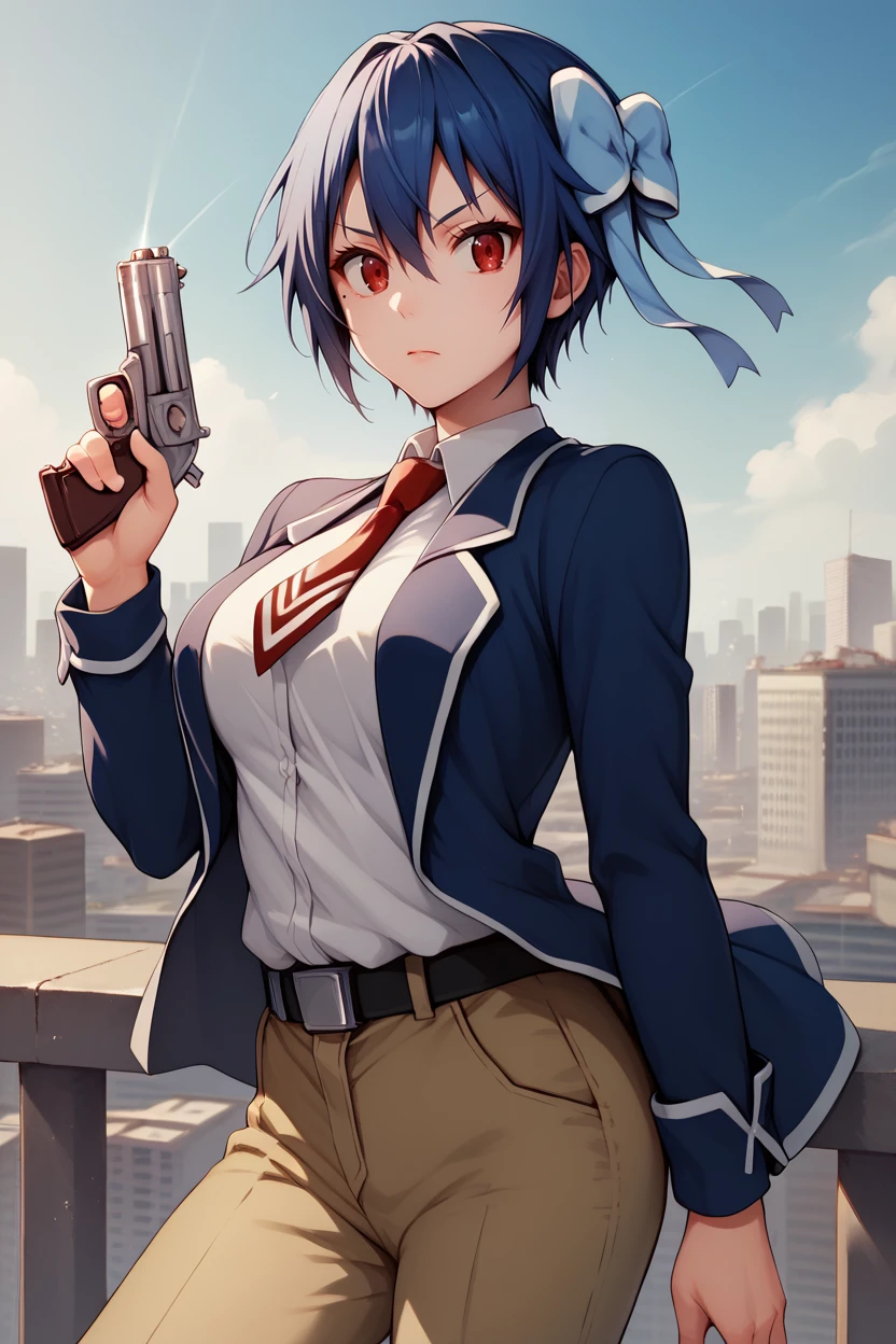 score_9, score_8_up, score_7_up, score_6_up, 1girl BREAK <lora:tsugumi-pdxl-nvwls-v1-000006:1> tsugumi seishirou, mole under eye, blue hair, red eyes, hair bow, blue jacket, white shirt, collared shirt, red necktie, belt, brown pants, looking at you, holding pistol, gun, city, blue sky, medium breasts