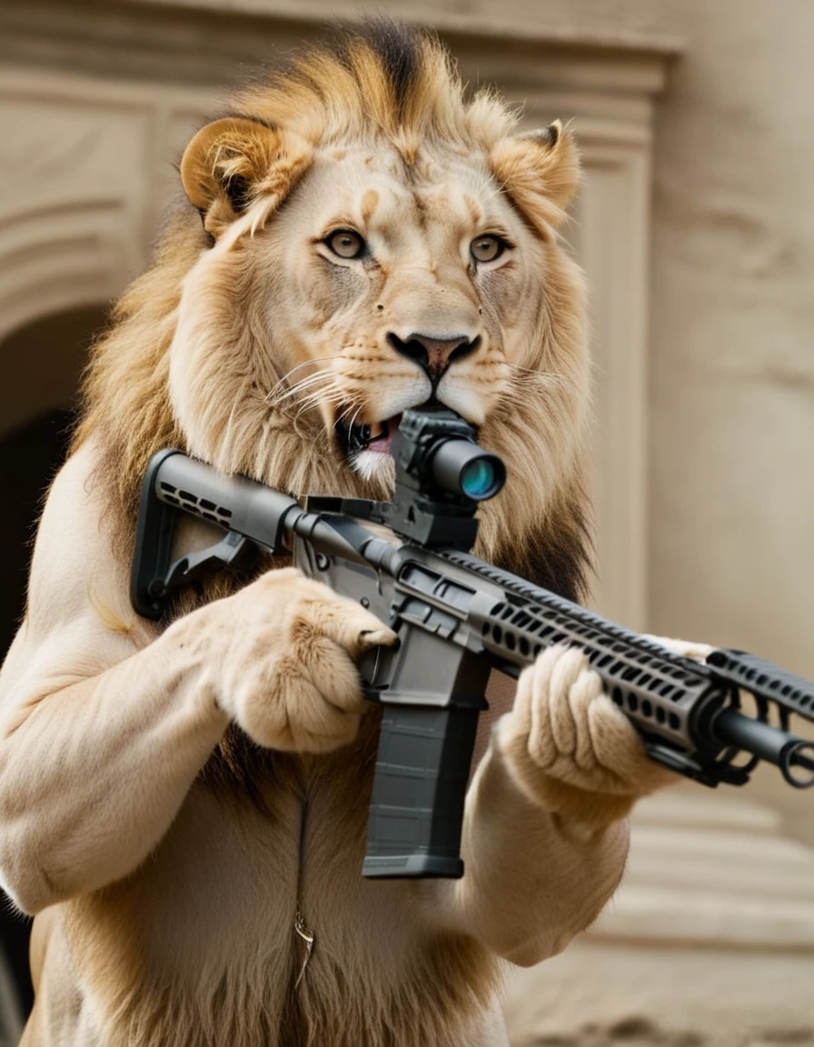 <lora:55D3434F21:1>   ((A fierce lion holding a rifle in his hands)). breathtaking shot, movie action still frame, cinematic shot!, shot from movie, war